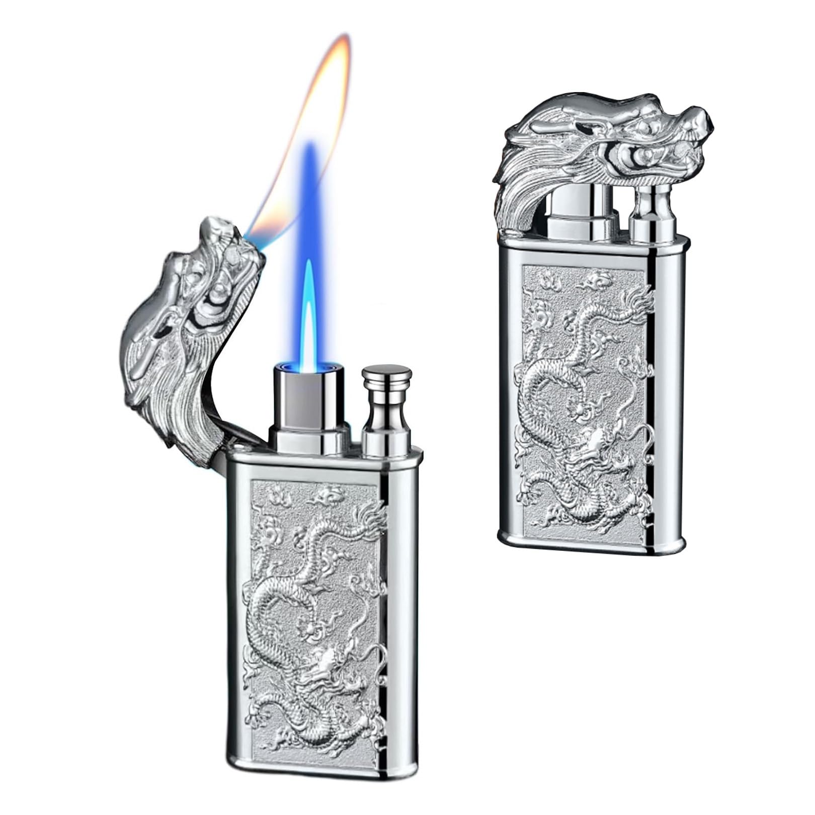 Encendedor de doble llama con diseño de dragón en relieve y cuerpo de metal robusto