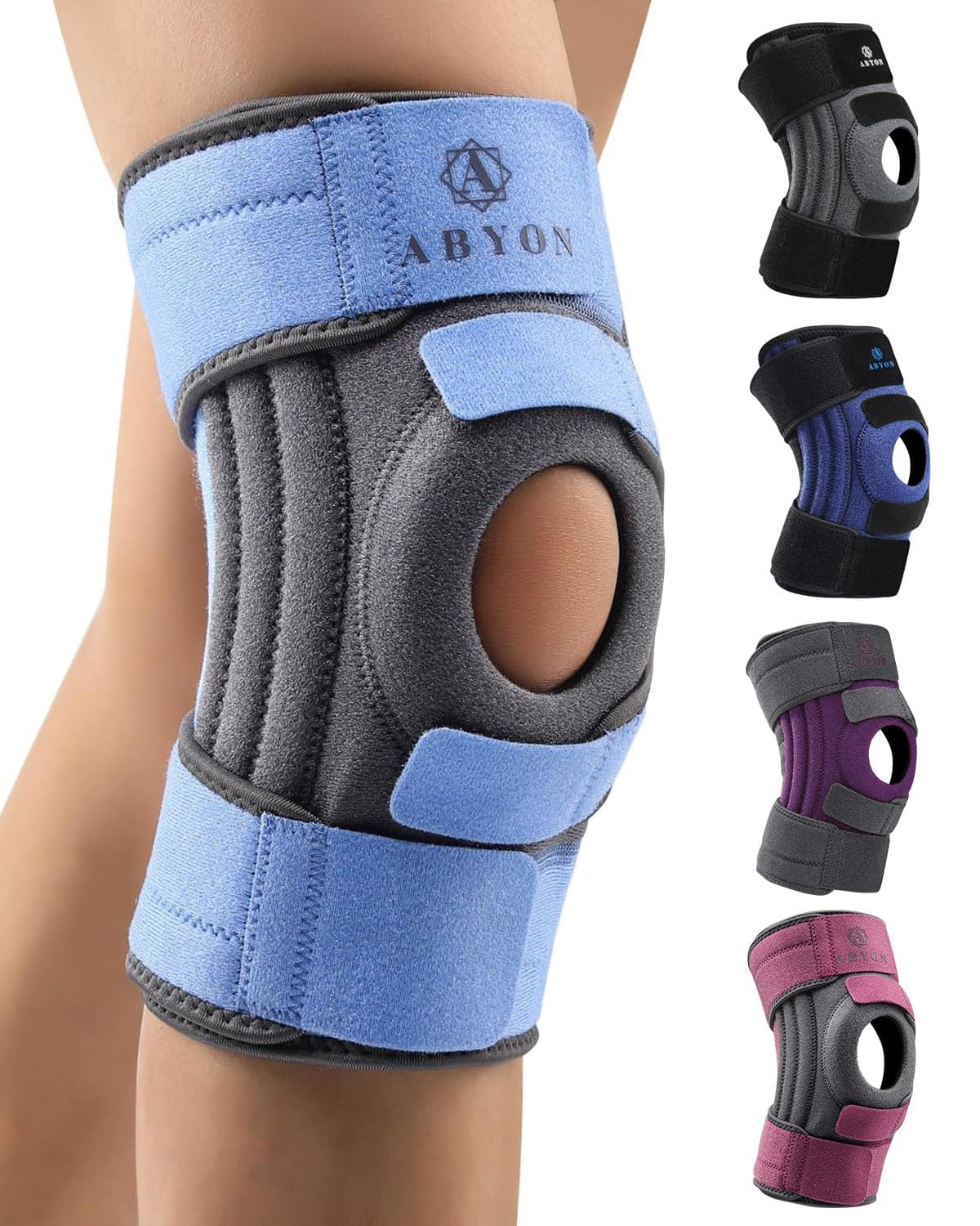 ABYON Kniebandage für Männer und Damen, Verstellbare Knieorthese mit 4 Riemen und 3 Beidseitige Stabilisatoren bei Arthritis, Linderung von Gelenkschmerzen, Bändern, Meniskusriss, Gehen, Laufen