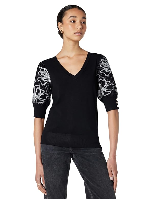 KARL LAGERFELD Paris Women's Trendy Flower Sleeve Iconic Sweater, Black, X-Large by KARL LAGERFELD - Used condition - US$43.39