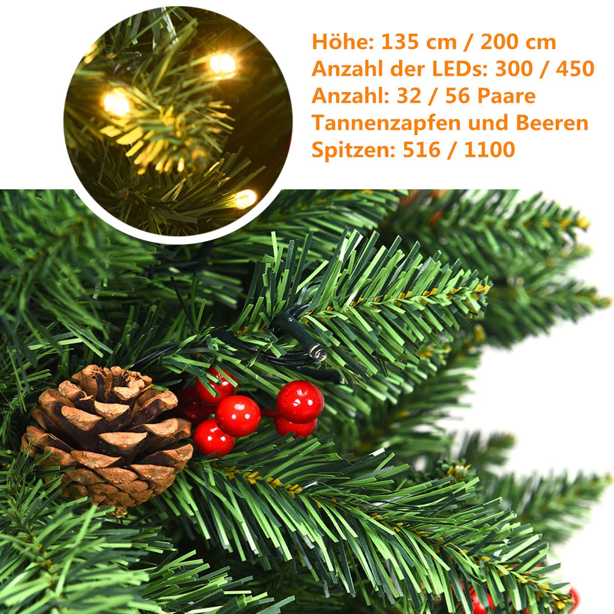 RELAX4LIFE 200 cm Künstlicher Weihnachtsbaum mit Beleuchtung, Tannenbaum mit 450 warmweißen LED-Lichtern & Tannenzapfen & rote Beeren, Schnellaufbau Klappsystem, Christbaum für Zuhause & Büro, Grün