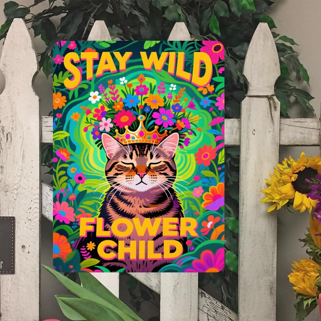 Stay Wild Flower Cat Hippie Tin Sign, 8x12 Inch Decor