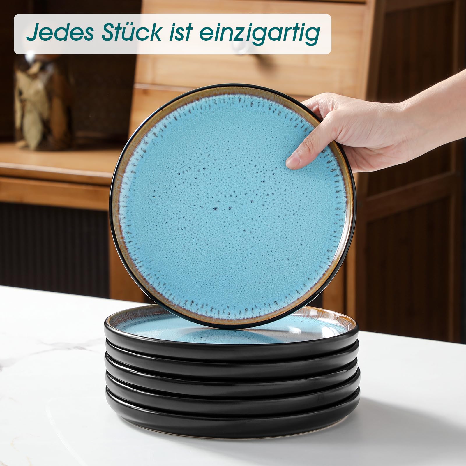 vancasso AMBER Juego de Vajilla Completo para 6 Personas, Plato Vajilla 24 Piezas de Gres - Platos Llanos, Platos de Postre, Ensaladeras y Cuencos - Apto para Lavavajillas, Esmalte Reactivo Azul