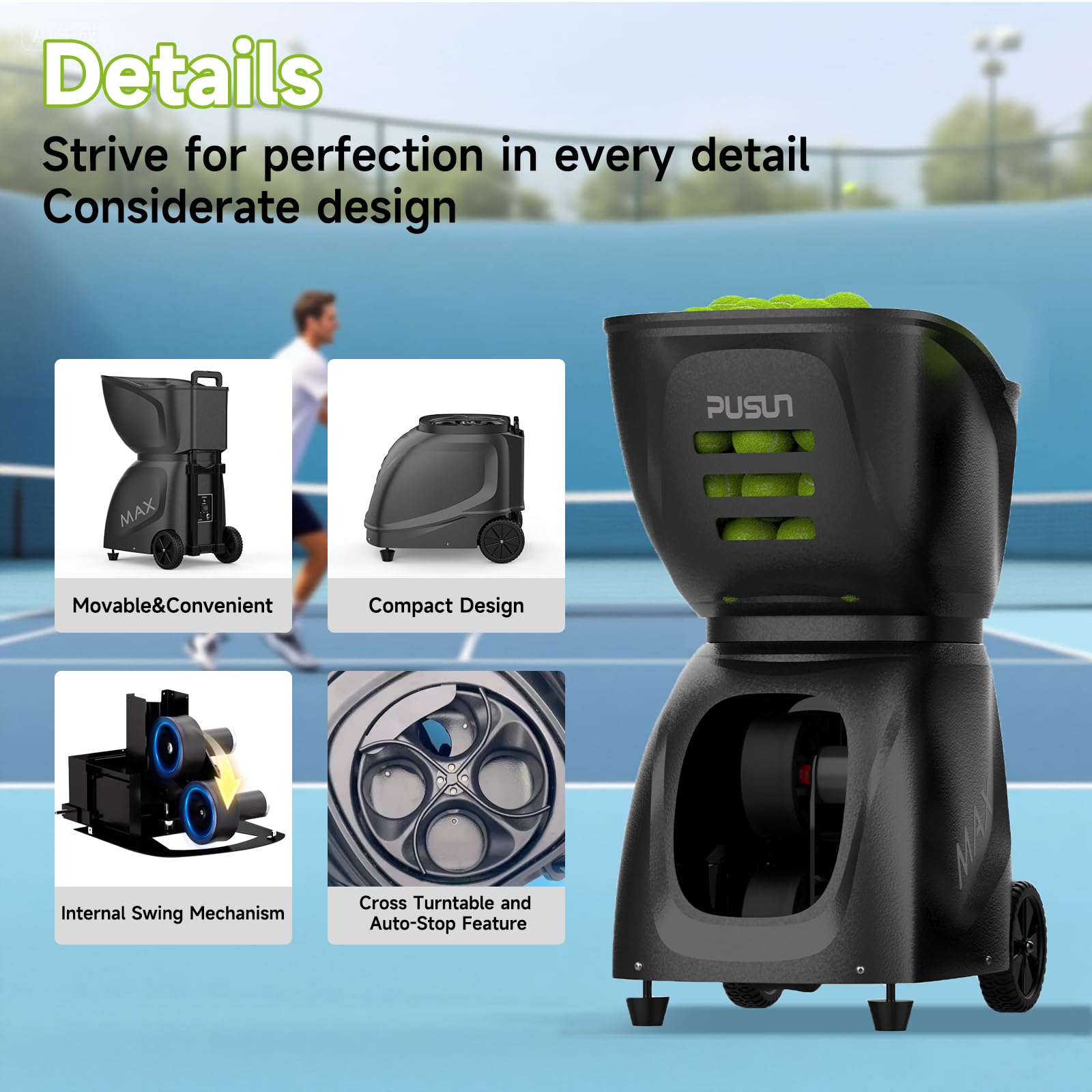 PUSUN PT-Max C - Lanciatore di palline da tennis, capacità 145+ palline, doppia app e telecomando, 28 modalità di allenamento auto-programmazione, nero, 1 pezzo