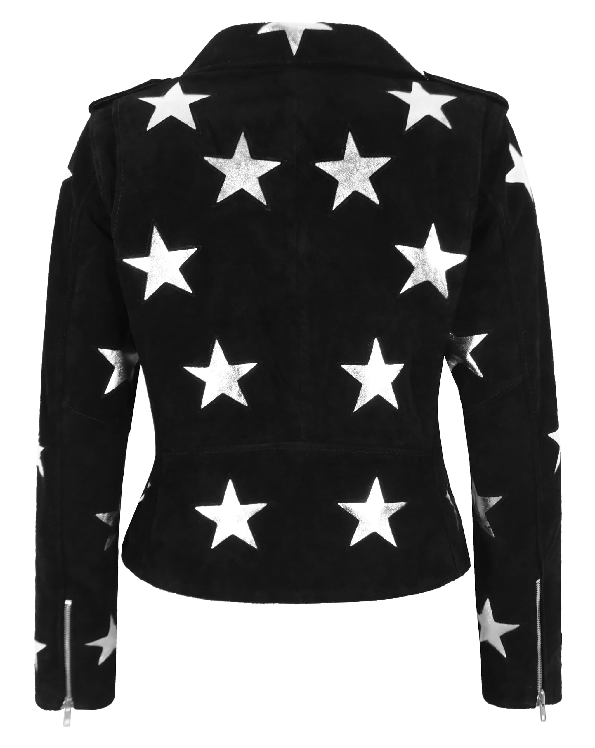 Carrie CH Hoxton Women's Brando Style Biker Suede Leather Jacket Black Silver Star Patches Jacket (US, Numeric, 4, Regular, Regular, Black Suede Silver Stars)