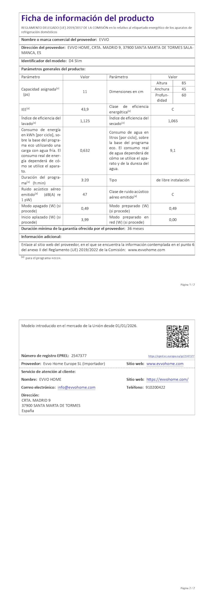 EVVO Lavastoviglie D4 Slim 45 cm, installazione libera, 11 coperti, efficienza classe C, 8 programmi con modalità auto, apertura automatica, funzione igiene e mezzo carico