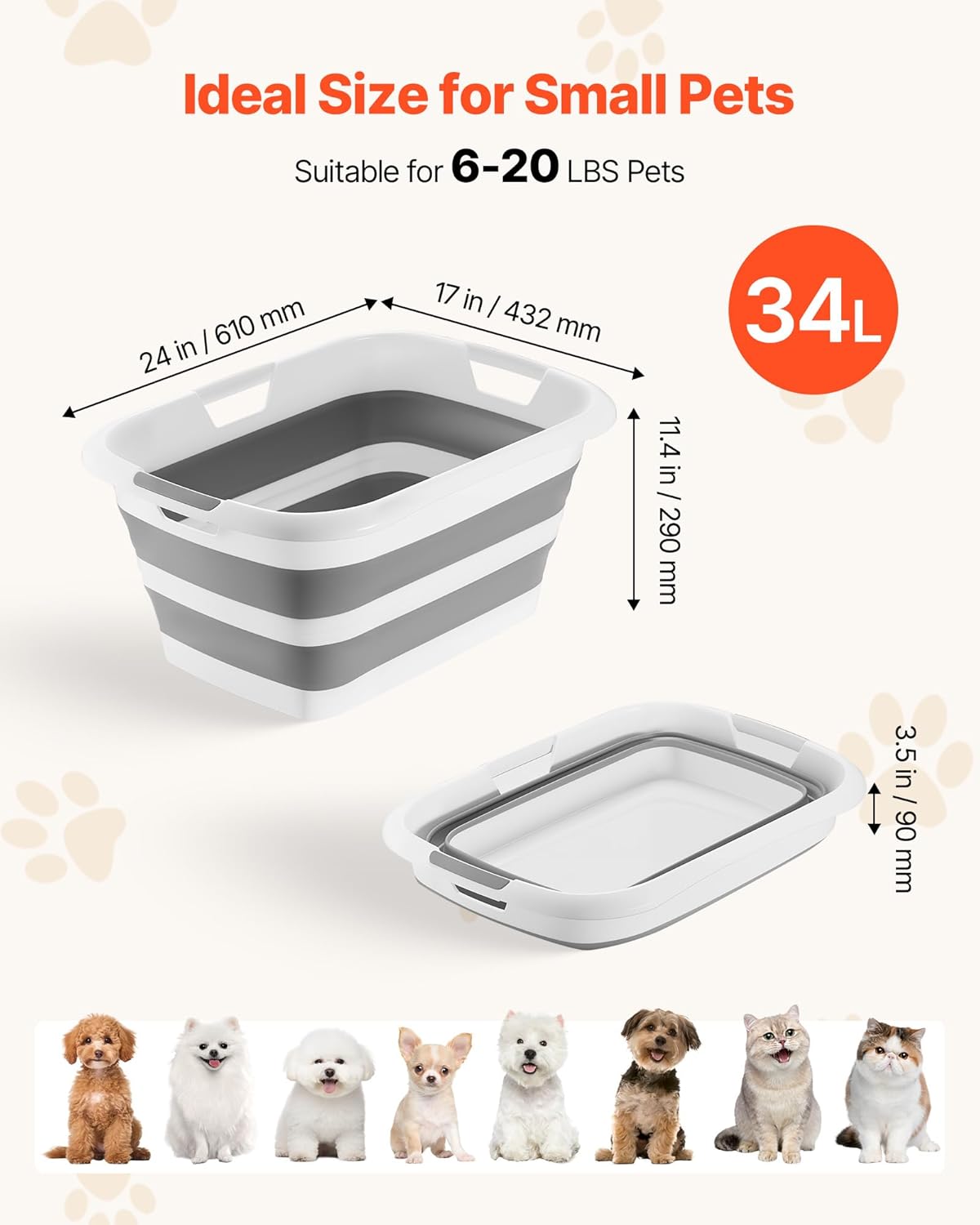 VEVOR Dog Bathtub, Collapsible Dog Bath Tub, Pet Bathing Grooming Wash Shower Station, Portable Space-saving & Stable Support, Built-In Drainage Hole for Small Pet Puppy Doggie Cat Outdoor, Gray White