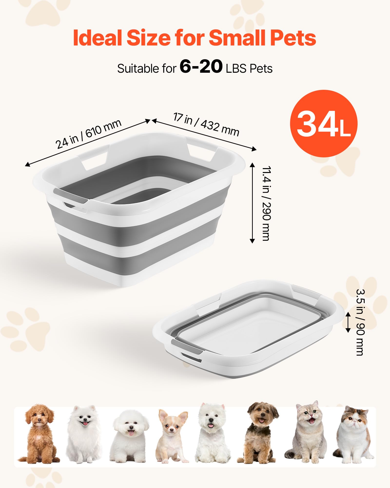 VEVOR Bañera Plegable para Perros Gatos Pequeños de 2,7 a 9 kg, Bañera Portátil para Mascotas con Desagüe Integrado, Orificio de Drenaje, Diseño Compacto que Ahorra Espacio, Uso en Interior y Exterior