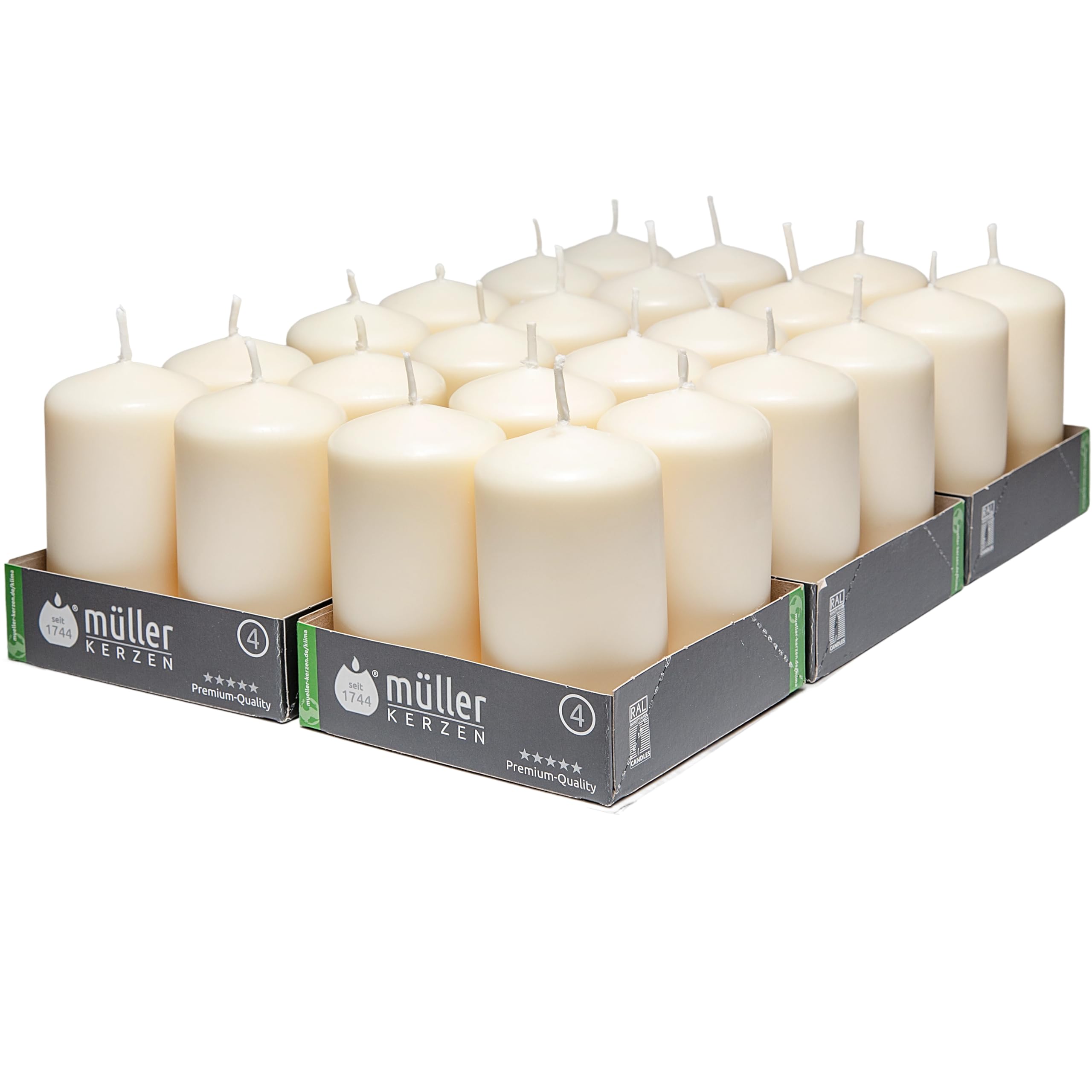 Müller Small Pillar Candle - Pack of 24 Unscented Ivory Candles - 1.89 x 3.54 Inch - 16 Hours Burn Time Candles for Decoration - No Drip Wax - Smokeless Wick - RAL Quality - Made in Germany