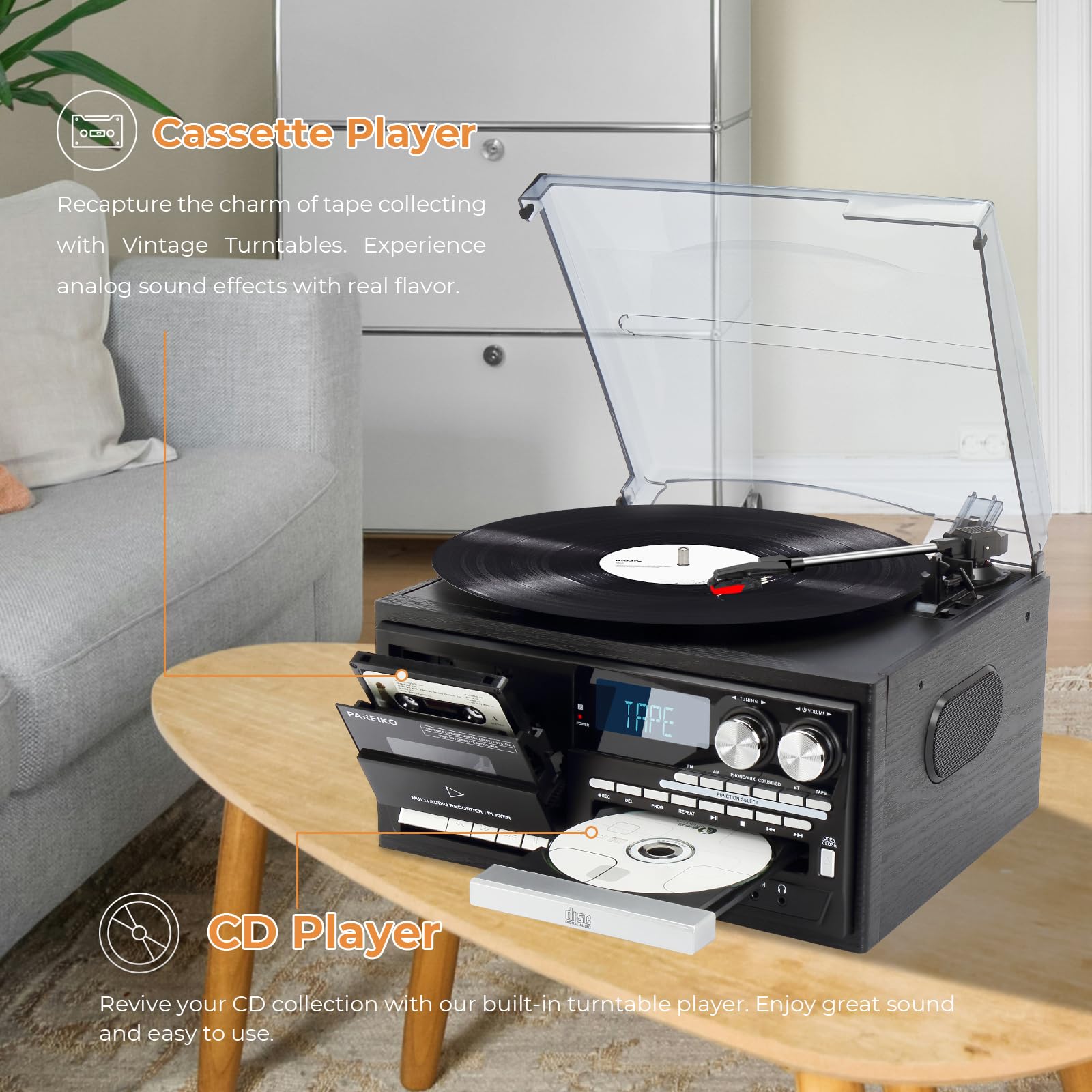 vintage 9-in-1 record player turntable with bluetooth, am/fm radio, cd & cassette player, usb/sd playback, remote control, aux & rca inputs, headphone jack – classic audio system for music lovers