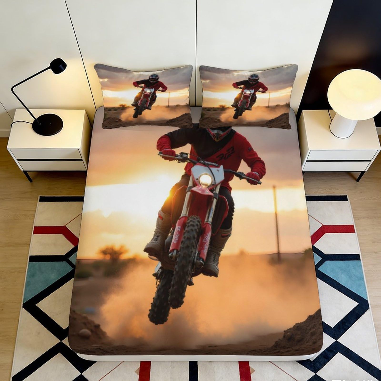 Pnayamiorkfel Style-10 3D Printed Motocross Sunset Fitted Sheet Microfiber Soft Breathable Motorcycle Rider Bed Cover For Bedroom Dorm Mattress Decor 90X200x25cm