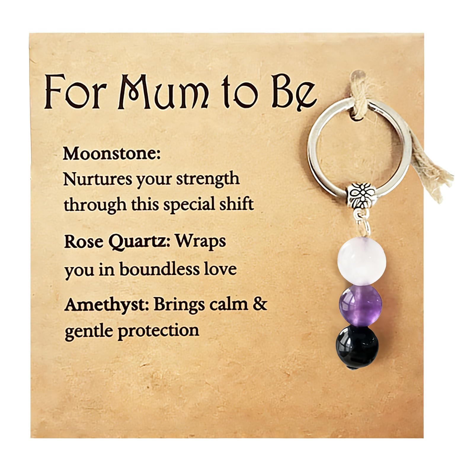 Aikobaa Women's Brown Mum To Be Blessing Gift Set, Moonstone Rose Quartz Amethyst Crystal Keychain & Card, Pregnancy Support Gift, Baby Shower Present For Expectant Mothers