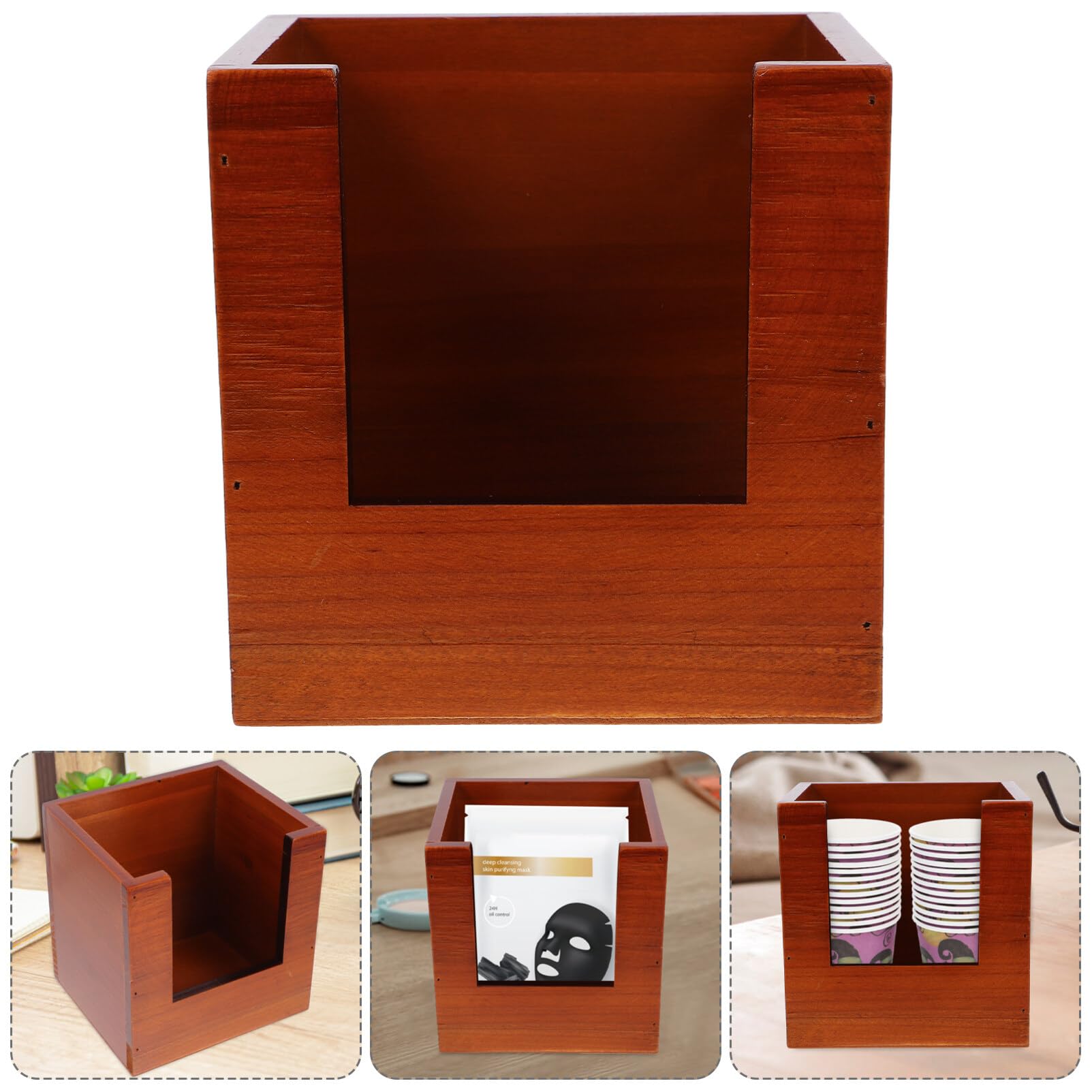 Cabilock Wooden Storage Box Kitchen Recipe Card Holder Square Wood Storage Stand Recipe Holder for Kitchen Card Organizer Box