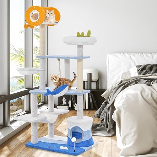 Miniatura 8 de PETSITE Árbol para gatos con temática oceánica para gatos de interior, torre para gatos de varios niveles con postes rascadores de sisal natural,
