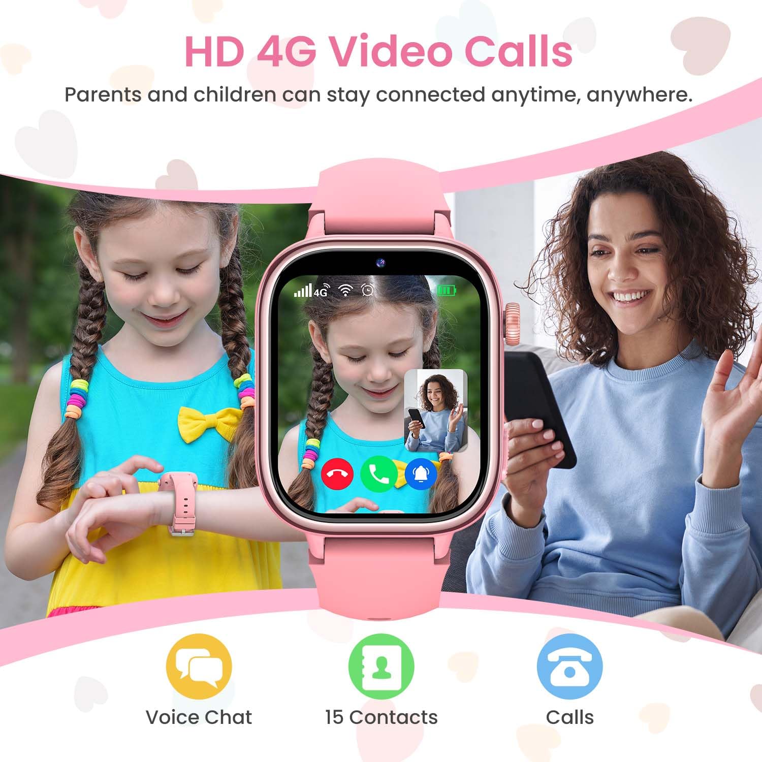 TotsyFun 4G Smartwatch Bambini, IP68 Impermeabile Smartwatch con GPS, SOS, Telefono, HD Videochiamata, Chat Vocale, Modalità Lezione, Sveglia, Sonno, Orologio Bambini per Ragazze e Ragazzi, Rosa
