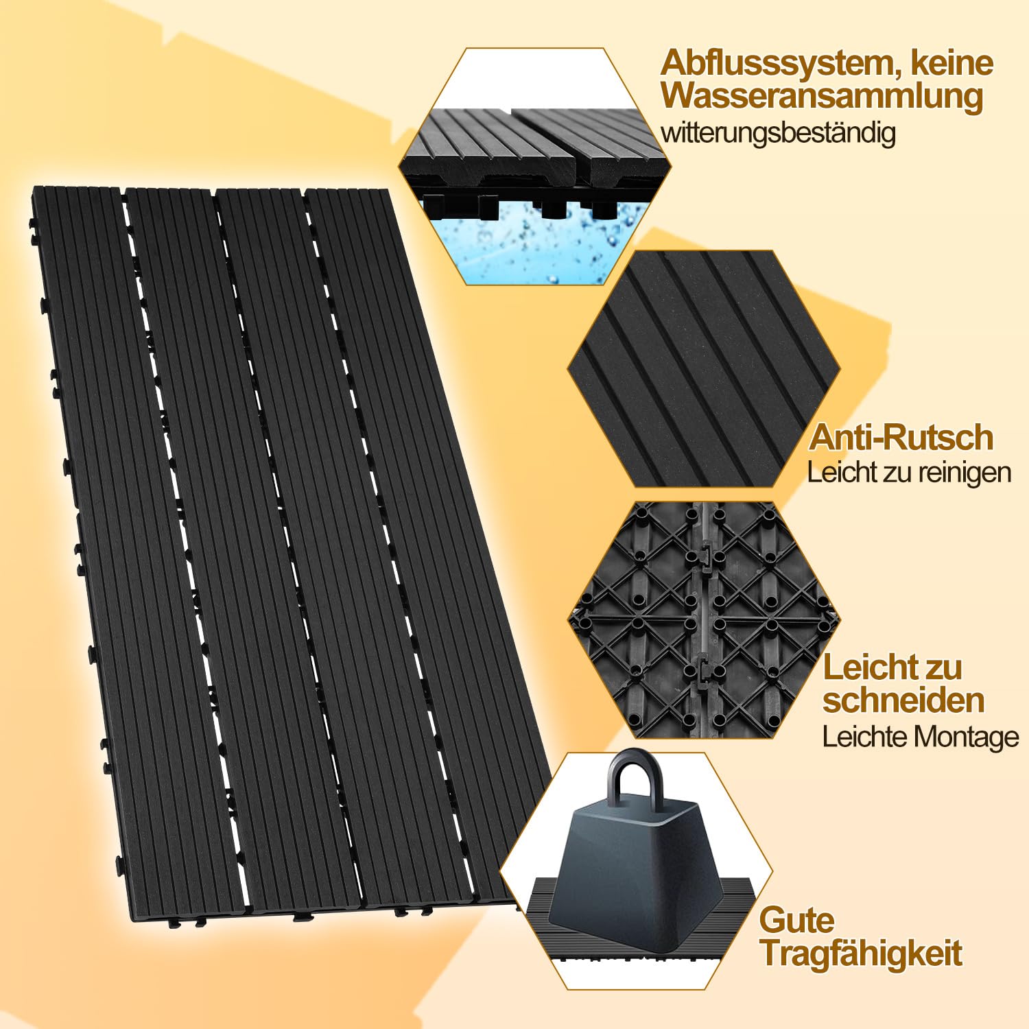 Gimisgu Terrassenfliesen WPC Fliesen, 30x60 cm Holzoptik Klickfliesen Balkonfliesen Klicksystem Terrassendielen Klickfliese Kunststoff Bodenfliese mit Drainage, 18er Set für 3m², Anthrazit