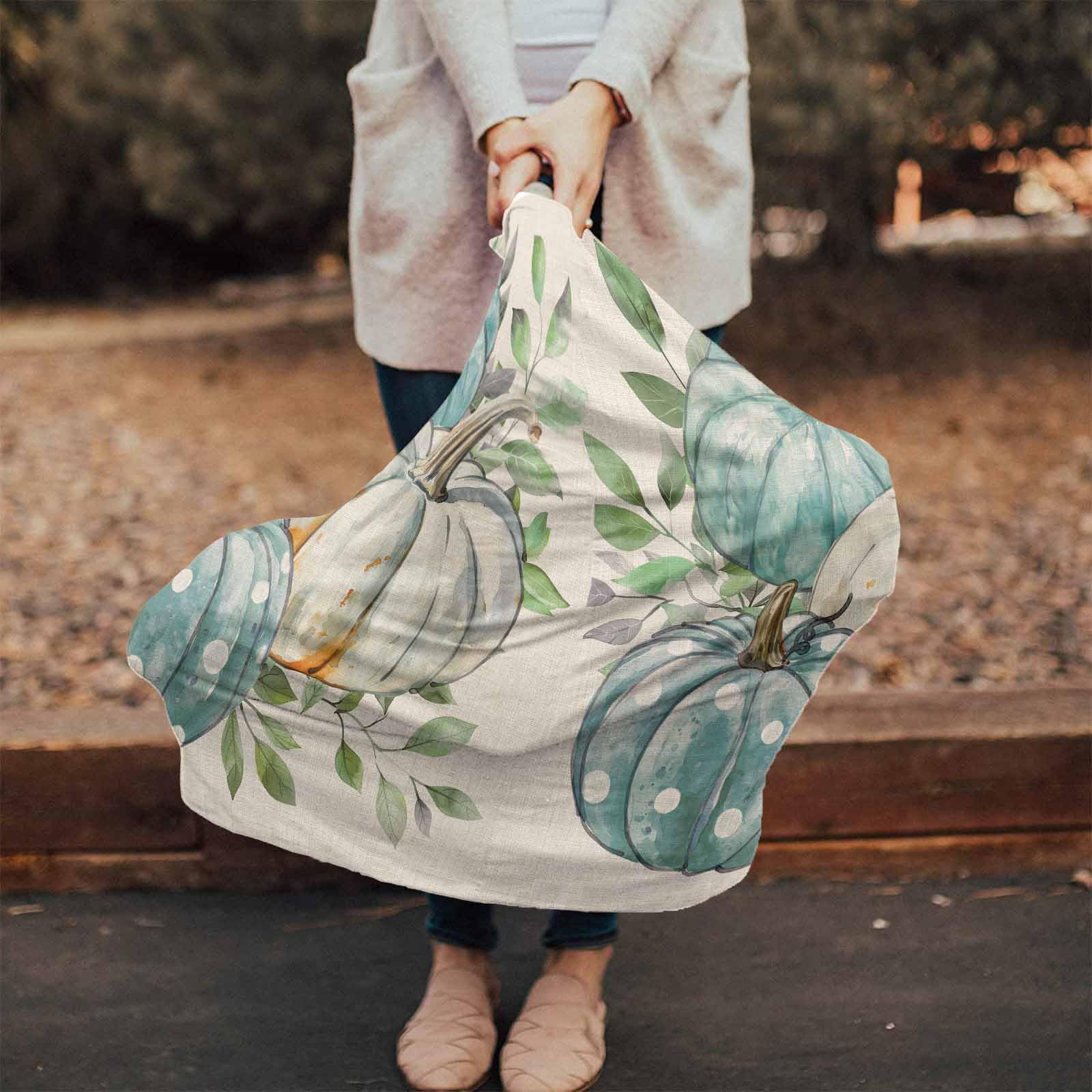 Nursing Cover for Breastfeeding Scarf, Fall White Pumpkin Turquoise Leaves Retro Baby Car Covers Super Soft Multi Use for Canopy Shopping Cart Cover Blanket Stroller Cover