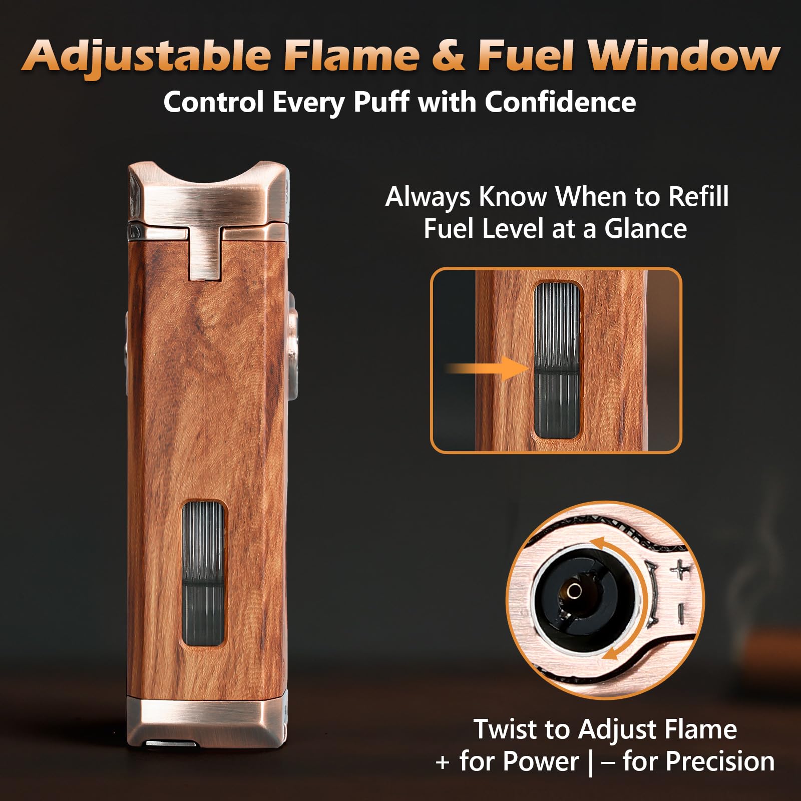 Joyoldelf Encendedor de Cigarro con Antorcha Cuadruple Llama - Encendedor Recargable de Butano a Chorro Resistente al Viento con Cortador, Punzón y Ventana de Combustible (Sin Butano) - Regalo Premium