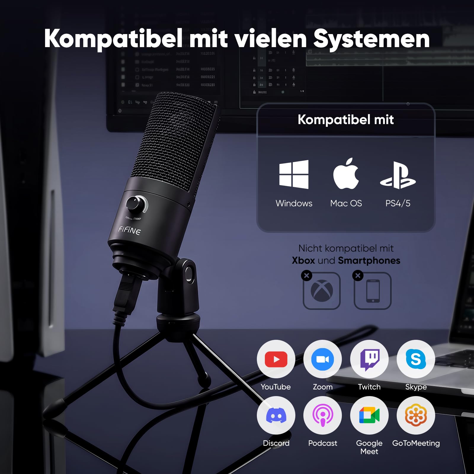 FIFINE USB Mikrofon PC Streaming, Podcast Microphone mit Ständer für MAC PS4 PS5, Kondensator Microfon für Studio Gaming - Schwarz