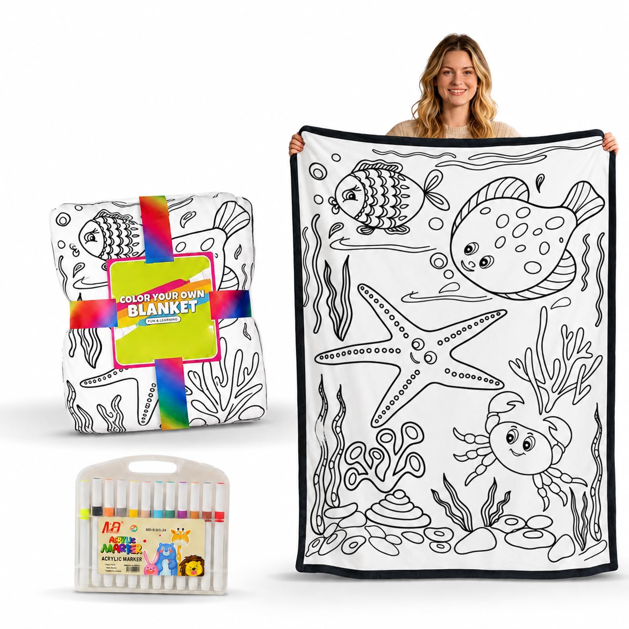 Colouring Blanket for Adults, Colour Your Own Throw Blanket with 24 Colour Markers, Creative DIY Soft Plush Velvet Colouring Fleece for Mindful Relaxation and Home Decor, 156 x 125 cm (White_B)