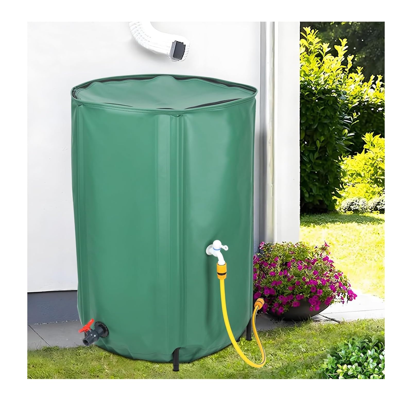Sistema portátil de recolección de Agua de Lluvia, Tanque de Almacenamiento de 50 l con Filtro y bajante Plegable para jardín, Exterior y césped (Verde)
