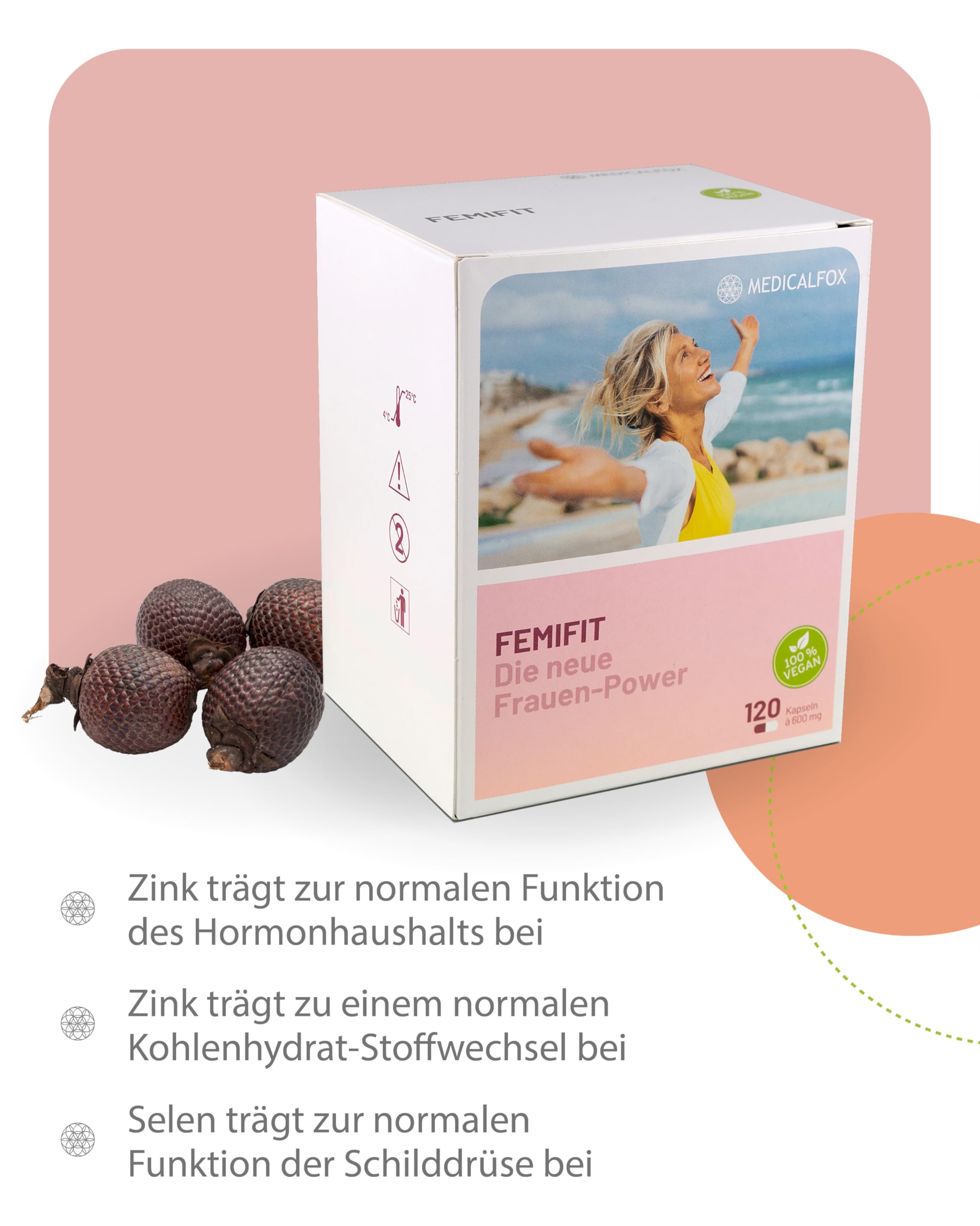FEMIFIT Kapseln 120 Stk. Vegan - Camu Camu Kapseln angereichert mit, Aguaje, Ecdysteron, Zink & Selen, Wertvolle Mineralstoffe in Vitamine in einer natürlichen Formel