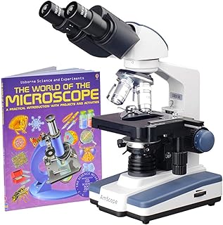 AmScope B120C-WM Siedentopf Binocular Compound Microscope, 40X-2500X Magnification, Brightfield, LED Illumination, Abbe Condenser, Double-Layer Mechanical Stage, Includes Book