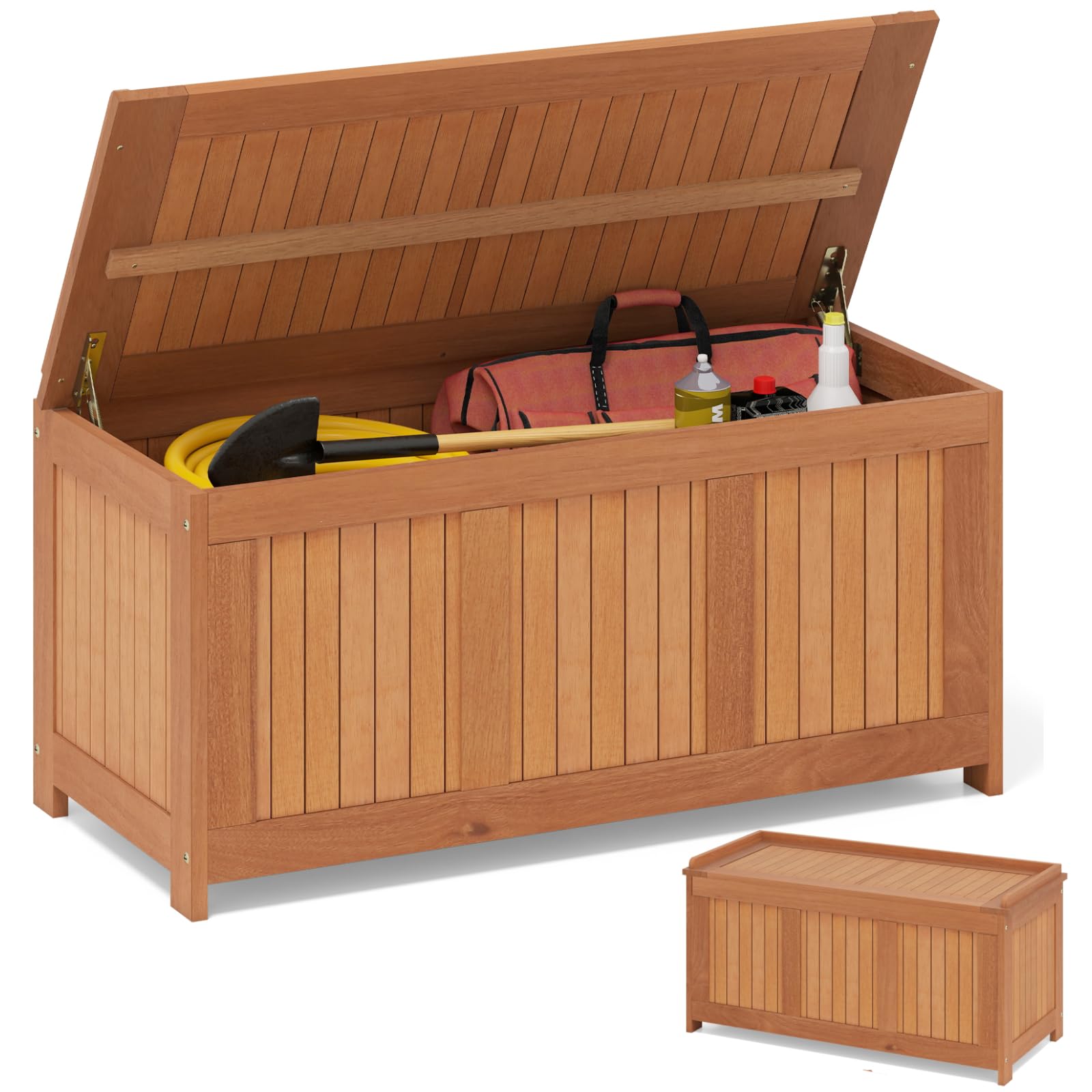 COSTWAY Garden Storage Box, 190L/220L Wooden Deck Box Bench with Spring-lifting Brackets & Raised Edges, Outdoor Patio Storage Container for Cushion Tool Toy (220L) — image 1