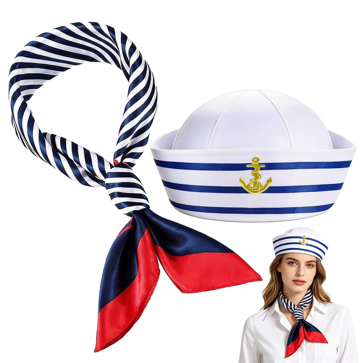WADUBI Sailor Hat and Scarf Set for Adults - White Sailor Hat with Blue and White Nautical Scarf 50x50cm - Suitable for Fancy Dress, Costume Parties, And Nautical Themed Events