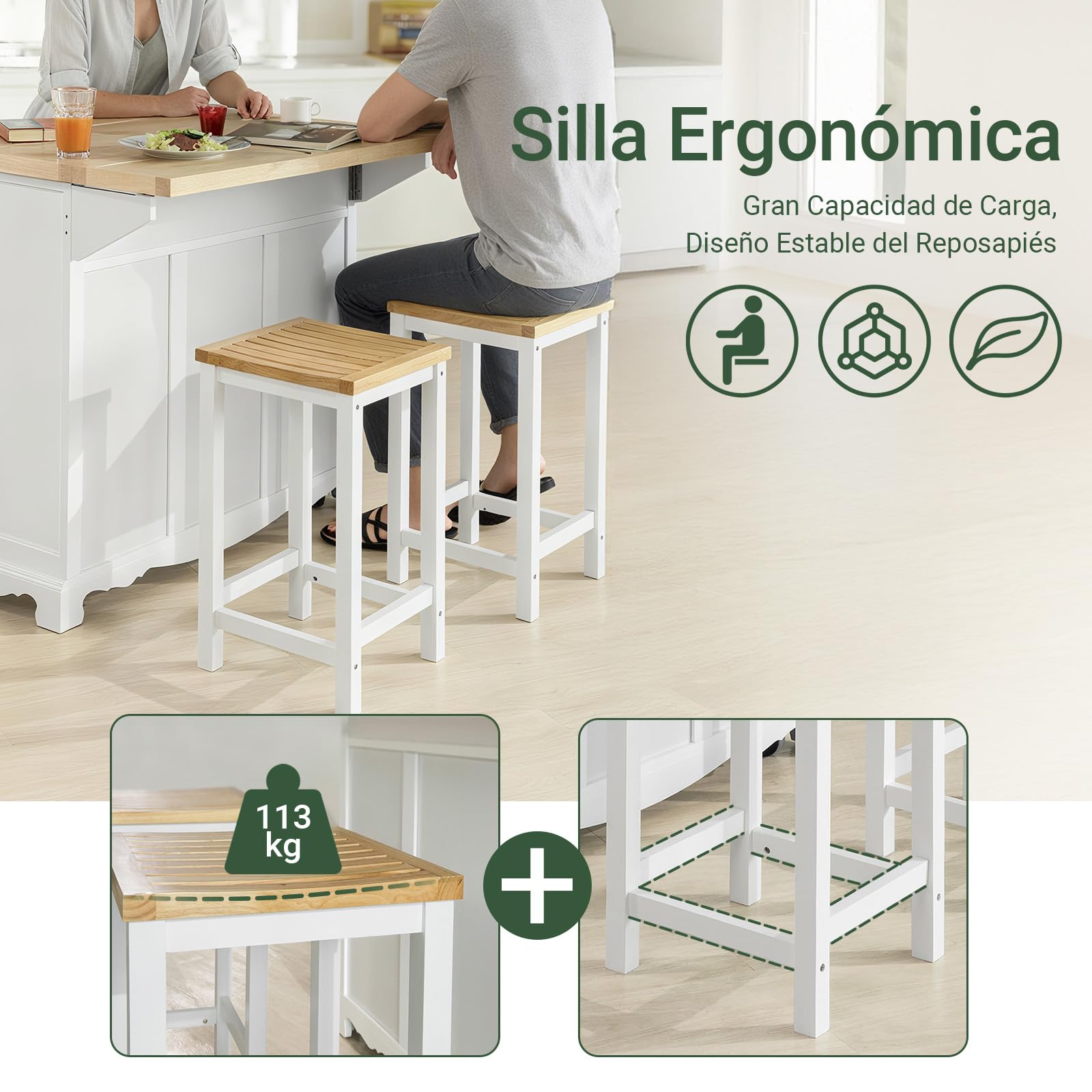 SoBuy 2 Taburetes de Bar Cuadrados con Asiento ergonómico, 35x61x35cm | Silla de Cocina con 4 patas robustas, fácil de limpiar, carga de 100 kg, madera de caucho/pino, cocina & barra, FST29-WNx2