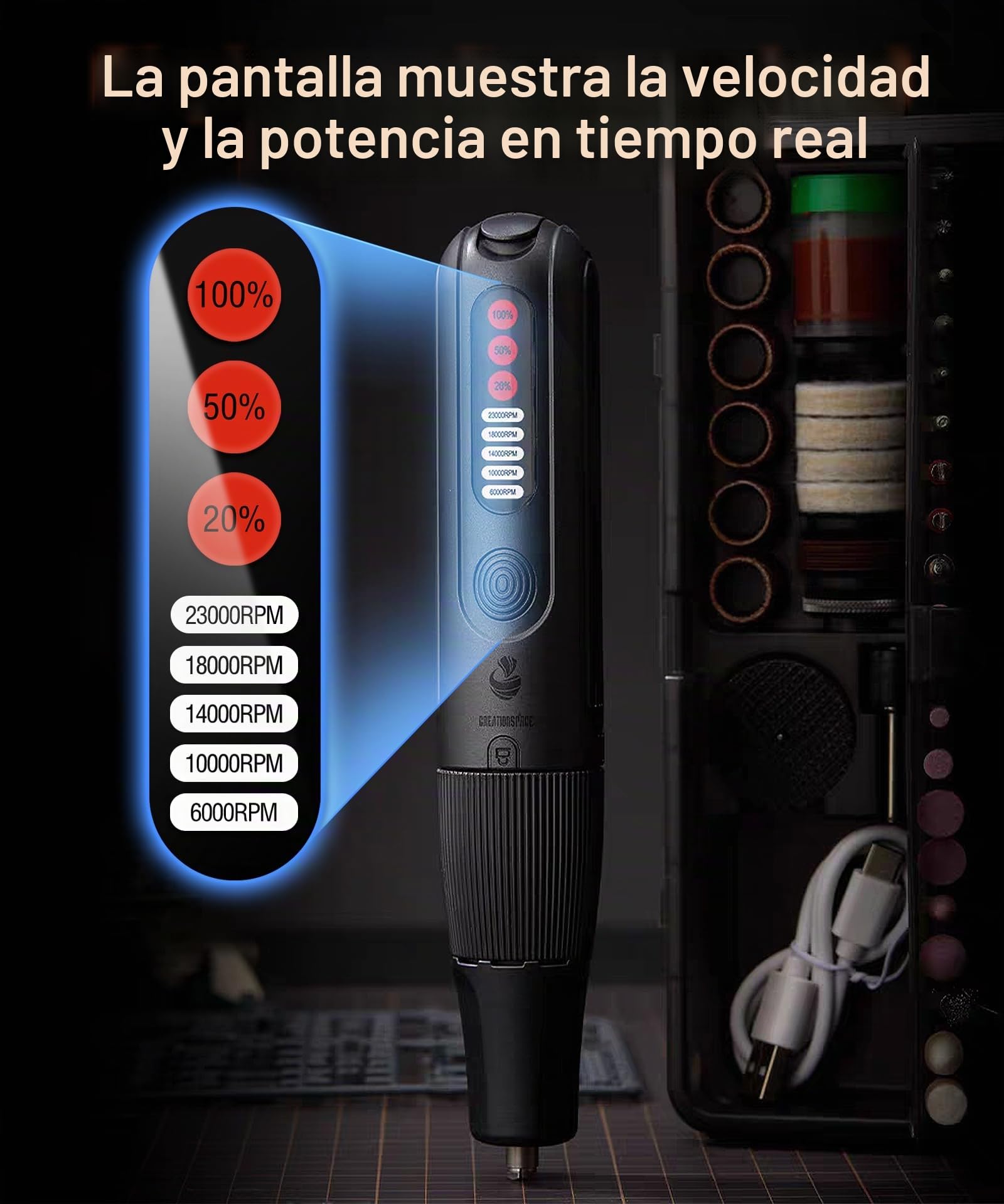 Mini Amoladora Herramienta Rotativa 8V | 5 Velocidades (6000-23000 RPM) con 56 Accesorios | Mini Amoladora Multifunción con Luz LED | Ideal para Bricolaje, Grabado y Pulido
