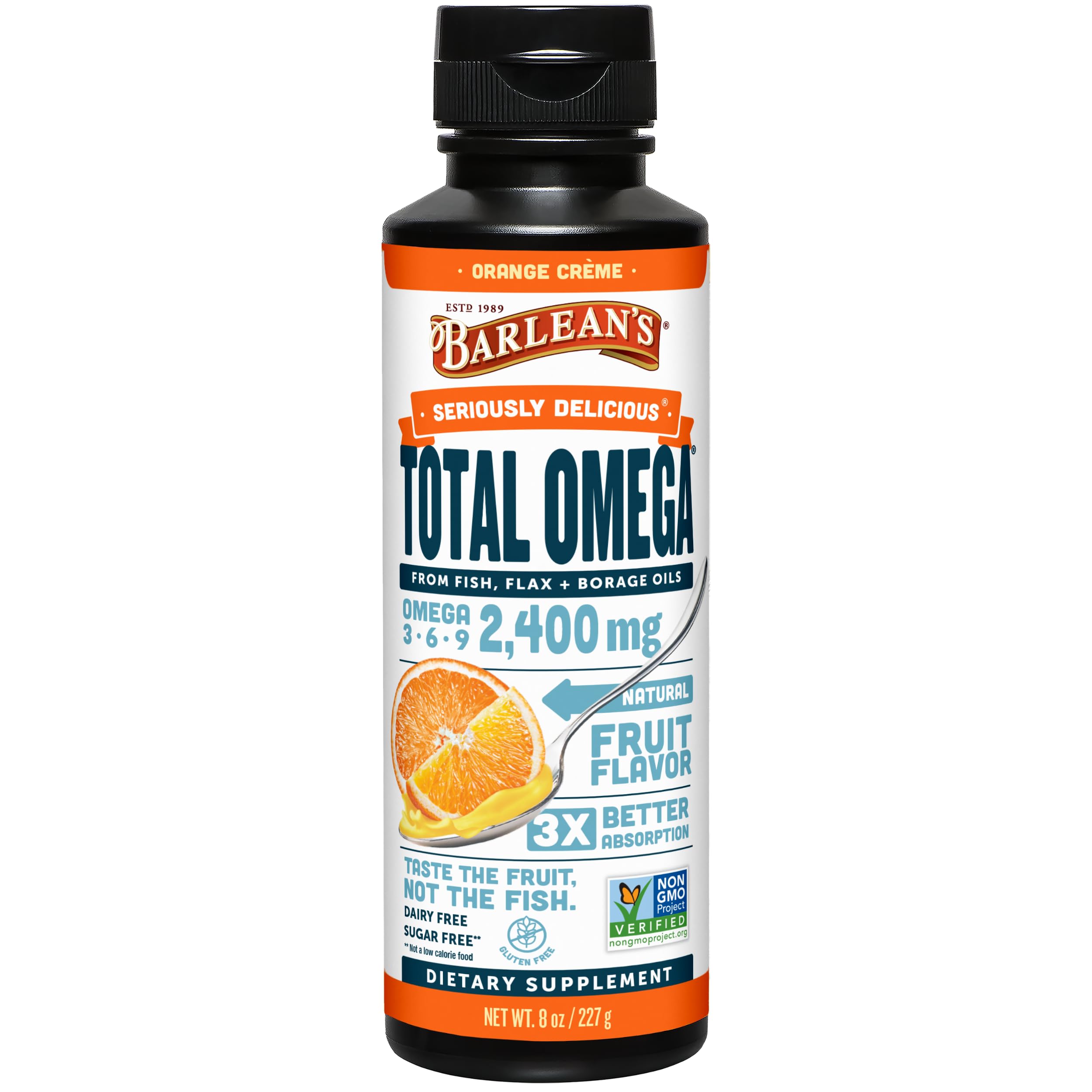 Barlean's Total Omega 3 6 9 Orange Crème Liquid Fish Oil Supplement with Borage and Flaxseed Oil, 2,400 mg of Omegas EPA and DHA Plus GLA for Joint and Heart Health, 8 oz Orange Crème 8 Ounce (Pack of 1)