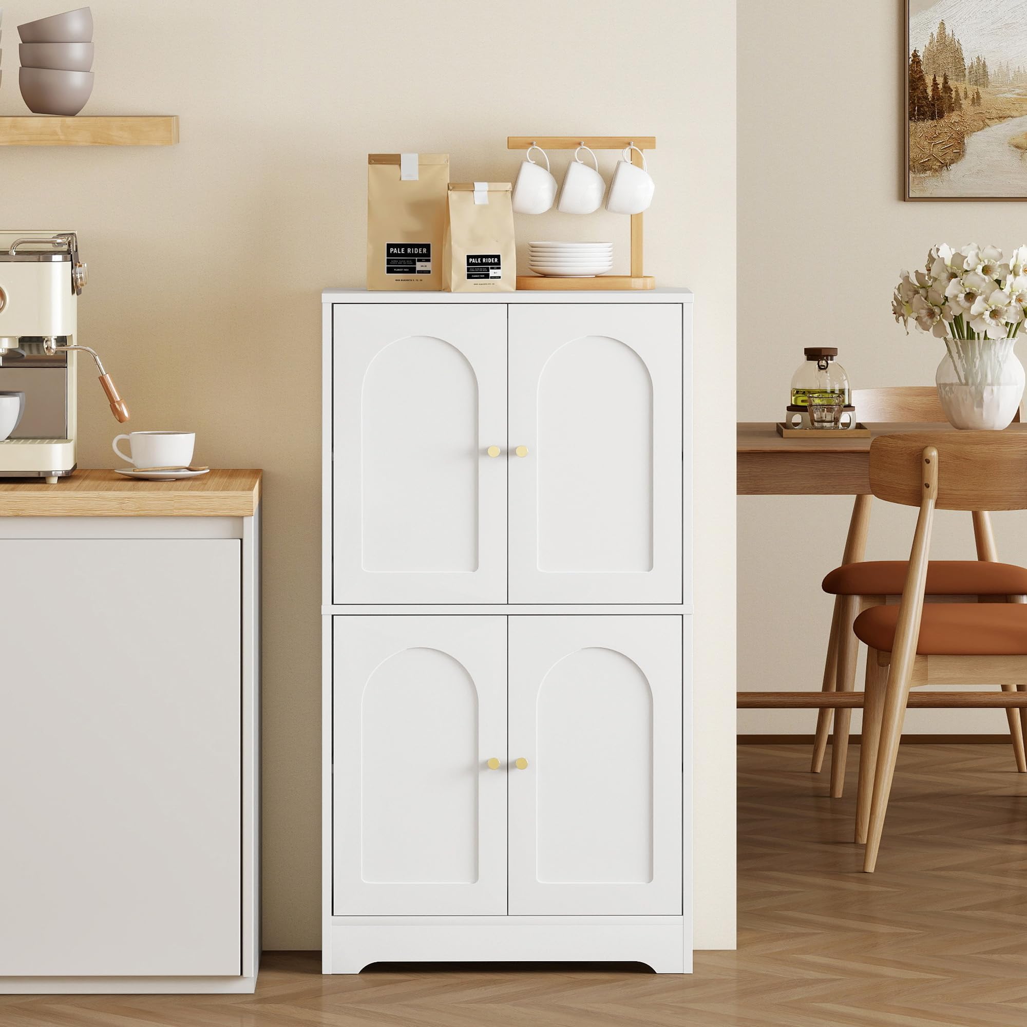 HOMCOM Küchenschrank, Hochschrank mit 2 verstellbaren Regalböden, Küchenbuffet Buffetschrank mit 4 gewölbten Türen, für Wohnzimmer, Weiß, 60 x 30 x 110 cm