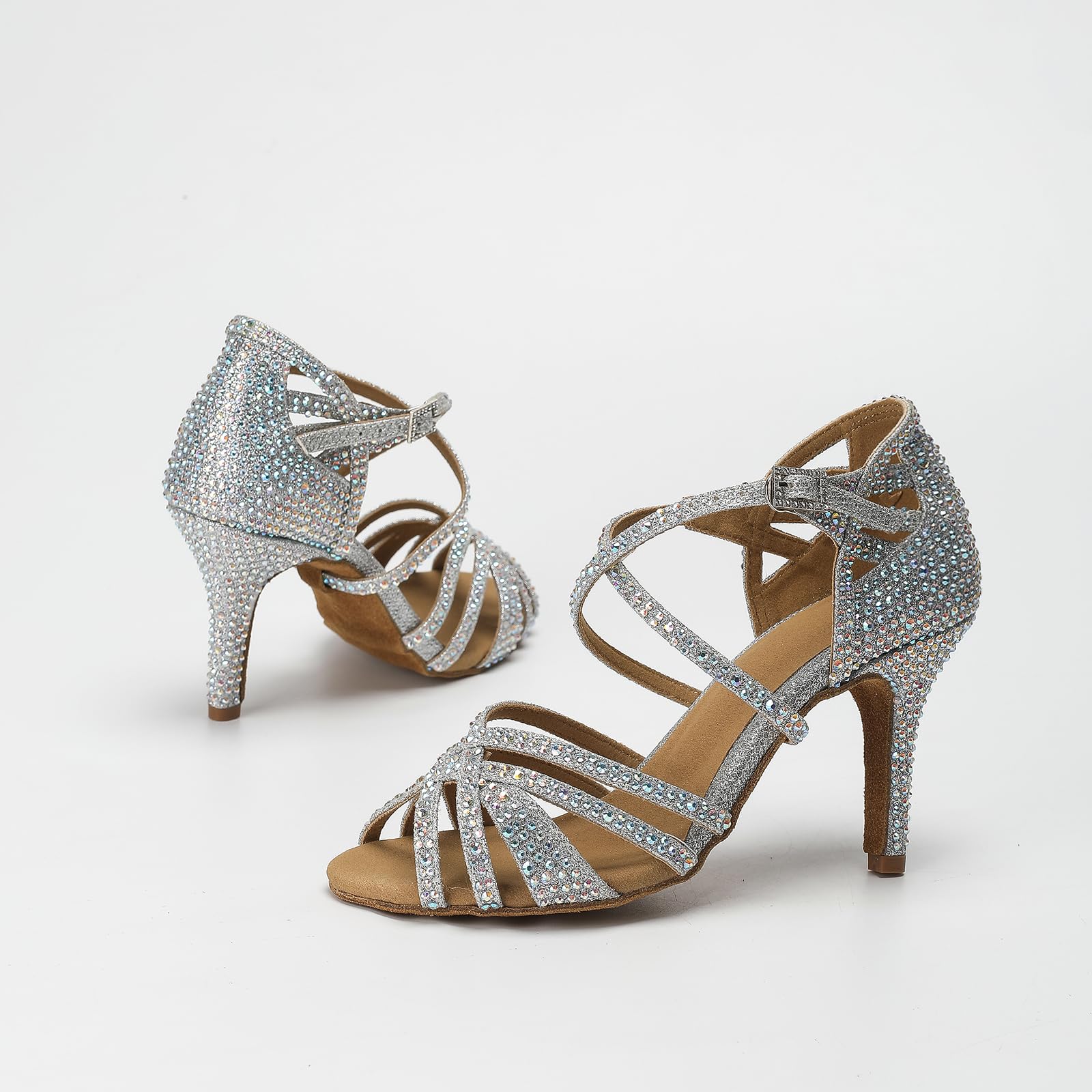 EAKLVB Women Ballroom Dance Shoes Diamond-Studded Fashion High Heel Professional Practice Performance Sandals (Silver, Adult, Women, 11, Numeric, US Footwear Size System, Medium)