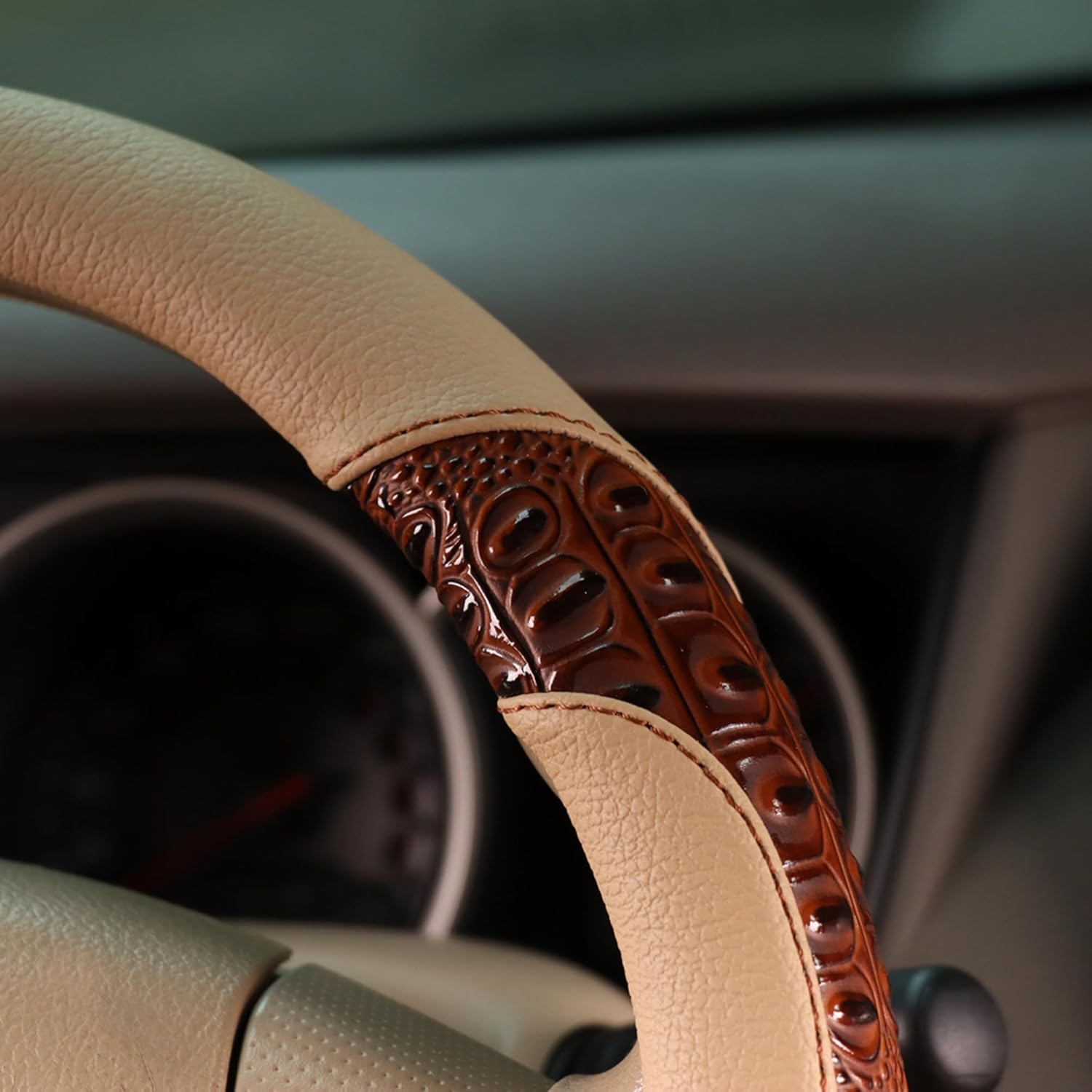 PU Leather Auto Car Steering Wheel Cover,Anti Slip Universal 15 Inch (Beige)
