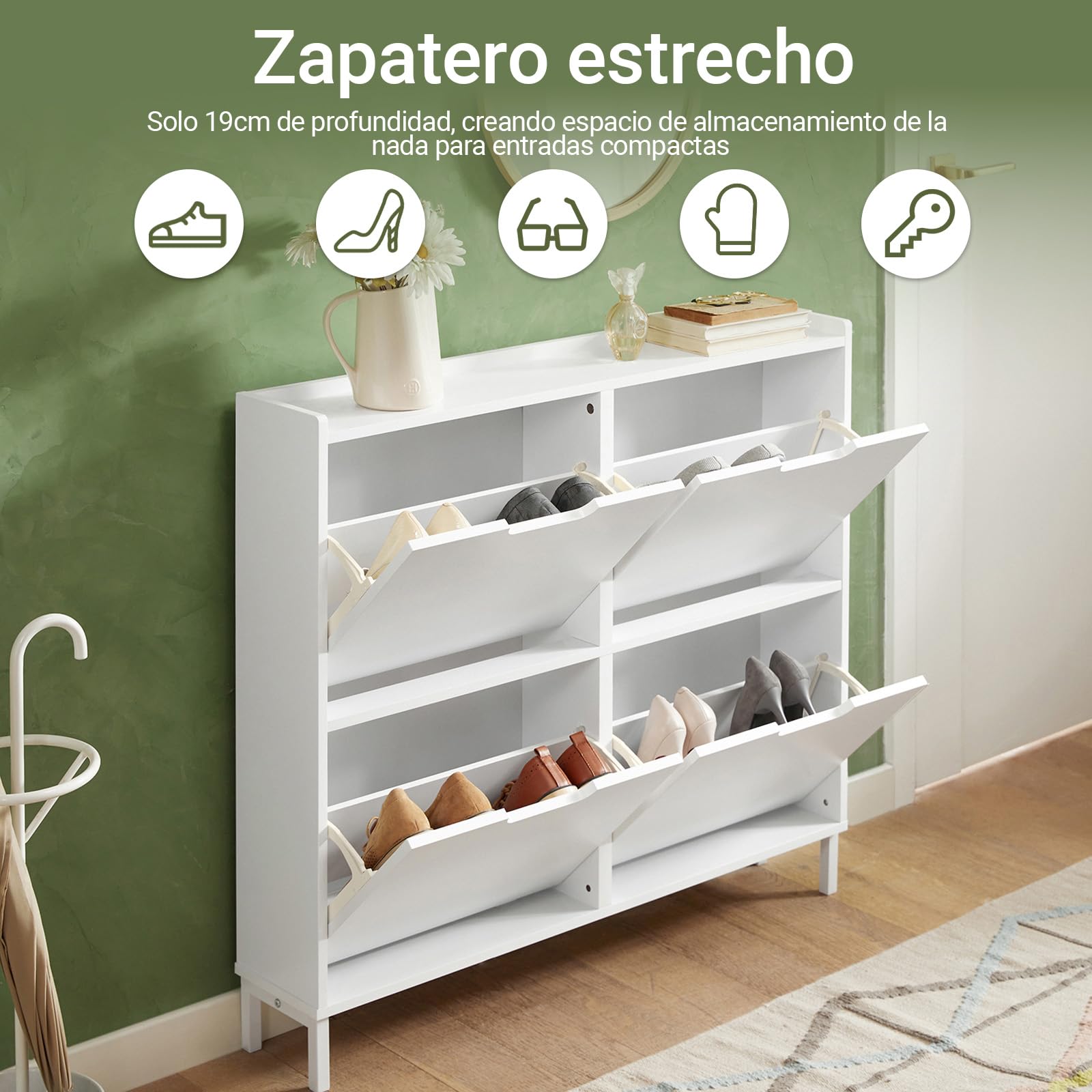 SoBuy Zapatero Estrecho con 4 Solapas – Mueble Zapatero Entrada Recibidor, Armario Zapateros Estrecho de Madera para Pasillo Estrecho y Entrada, 100x19x91 cm, Blanco FSR100-W