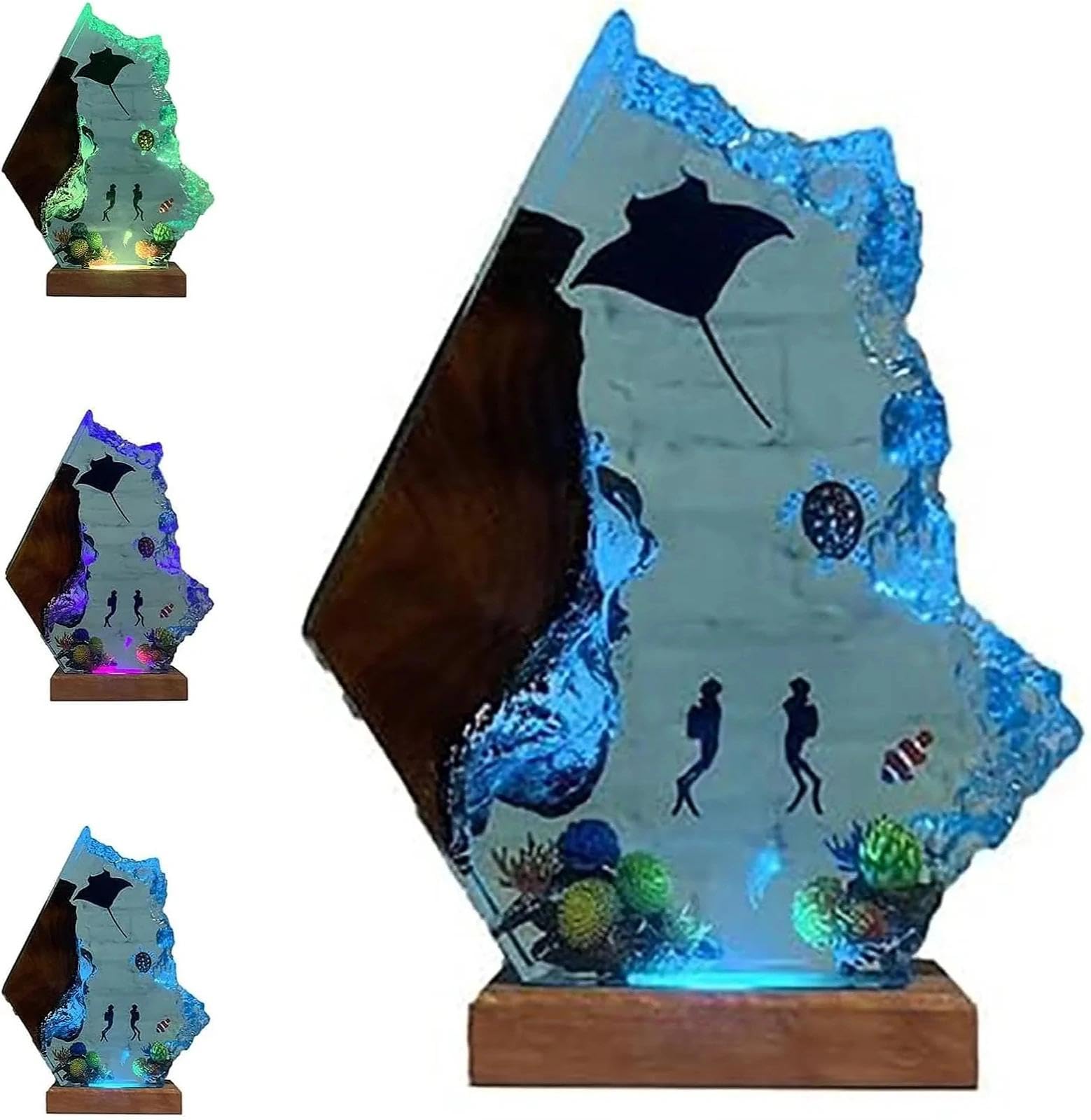 Ocean Epoxy Resin Lamp, Diver Night Light for Bedside Desk and Bedroom Decor, Handmade Marine Lamp with Manta Ray, Wooden Base, Relaxing Ocean-Themed ((Blue) Blue Light Base, 12 x 8 in)