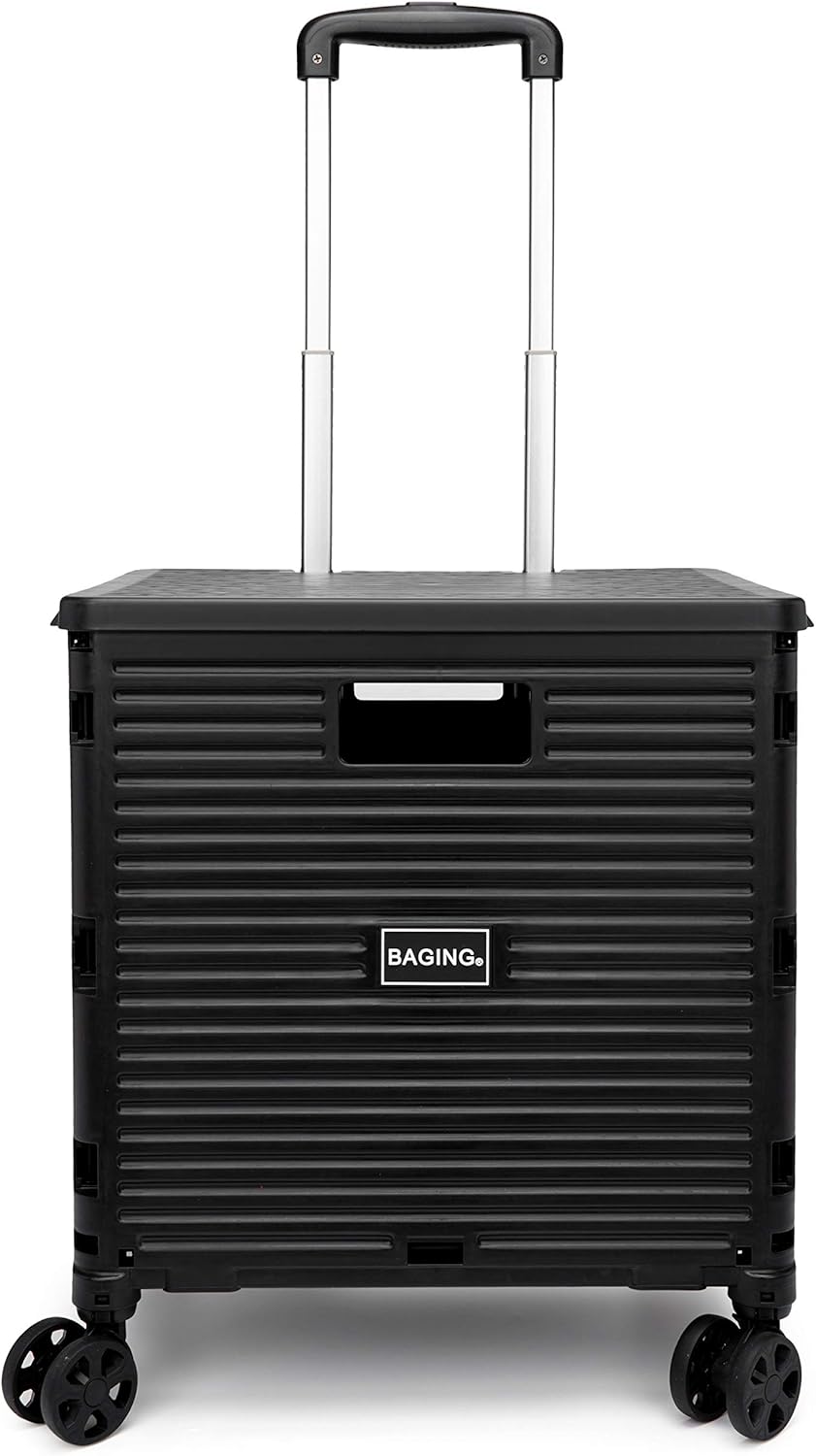 ［BAGING バギング］横押し ショッピングカート ストッパー付き 360°回転 4輪静音キャスター 折りたたみ 買い物カート LB007 (黒)