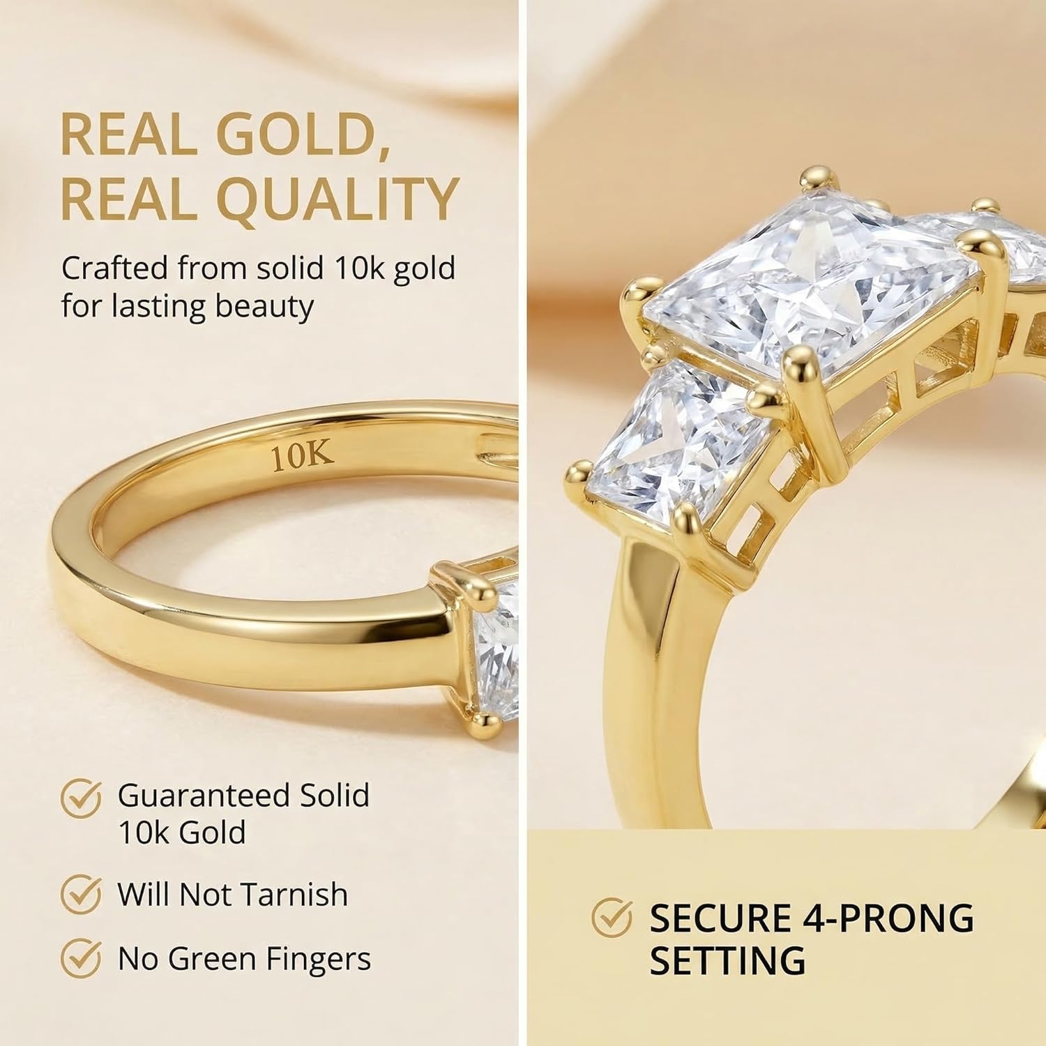 MAX + STONE 4 1/2 Carat Princess Cut Cubic Zirconia Three Stone Ring for Women in 10k White or Yellow Gold (4.5 ct.tw) Anniversary or Engagement Ring in CZ Size 4.5 to 9