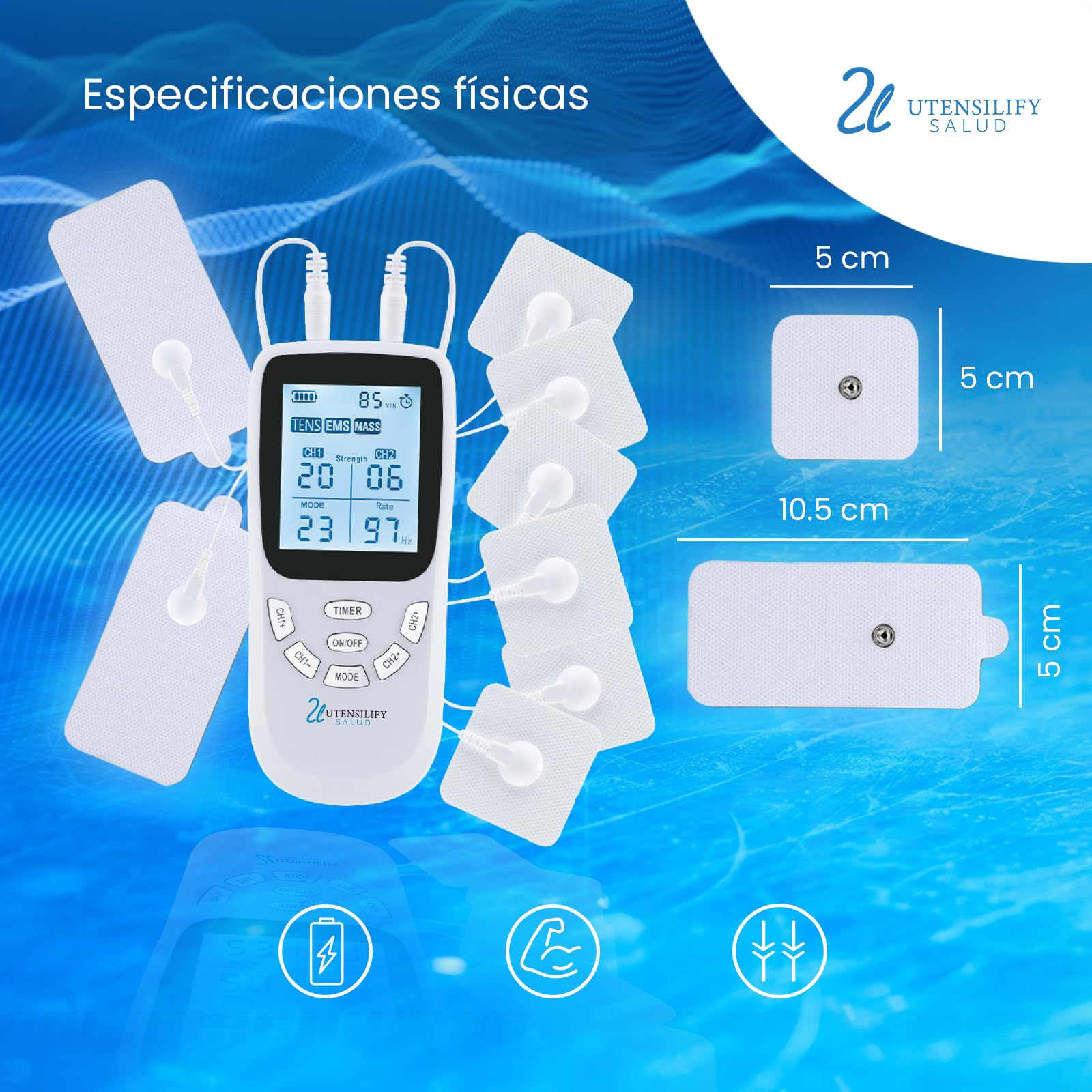 Electroestimulador Muscular UTENSILIFY® 3 en 1 TENS EMS Masaje | 36 Modos 20 Intensidades | 8 Electrodos | Alivio del Dolor y Recuperación | Recargable USB
