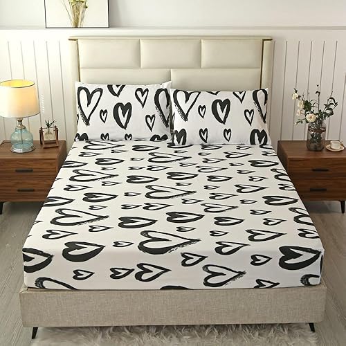 Miniatura 3 de SDIII Juego de sábanas de 3 piezas tamaño Queen con diseño de corazón para cama en una bolsa, bolsillo profundo, resistente a las arrugas y a la
