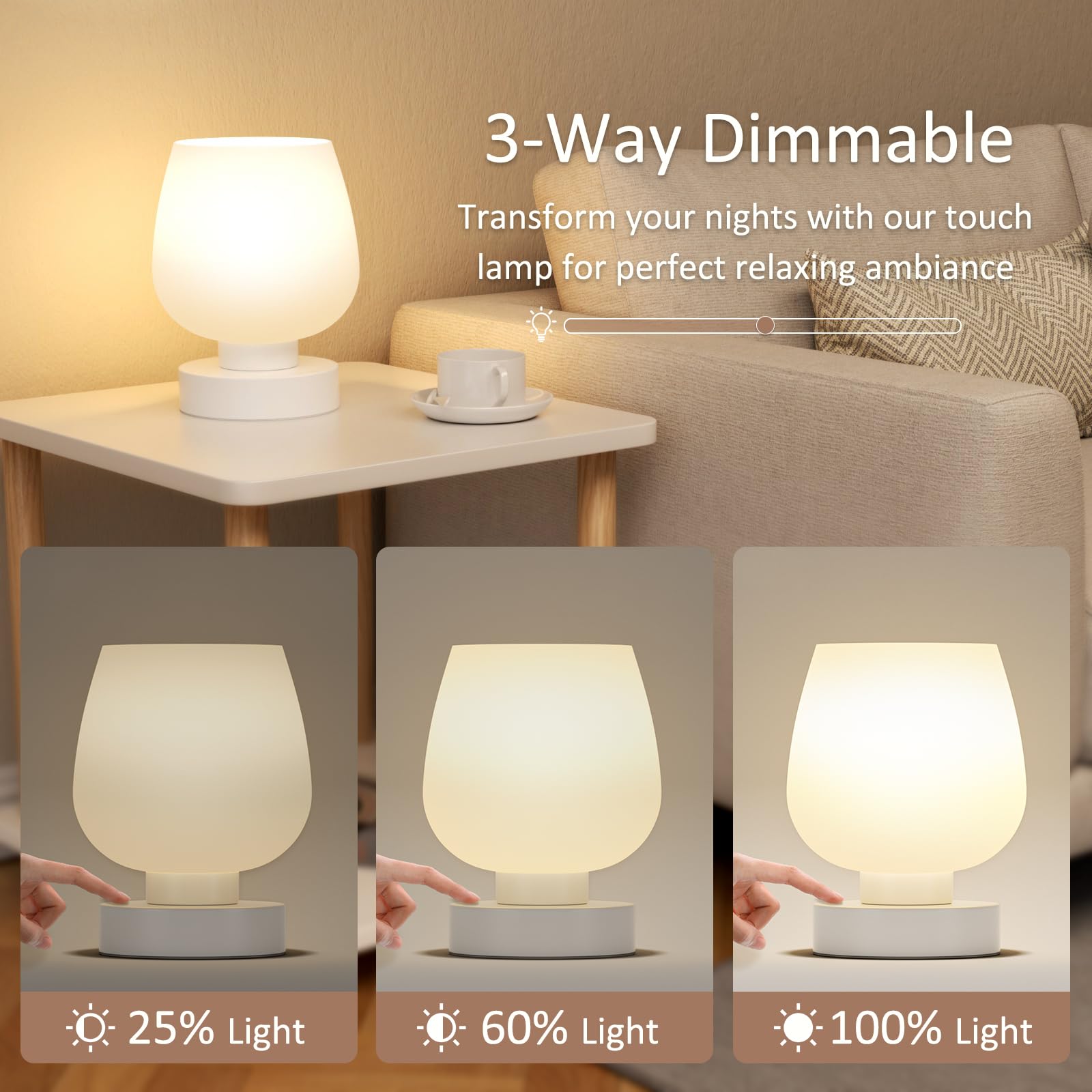 Touch Nachttischlampe 2er Set - Kleine Nachttischlampe für Schlafzimmer Wohnzimmer Nachttische, Schreibtischlampe mit weißem Glasschirm für kleine Räume, 3-Wege-Dimmbar, LED-Glühbirnen, Geschenke