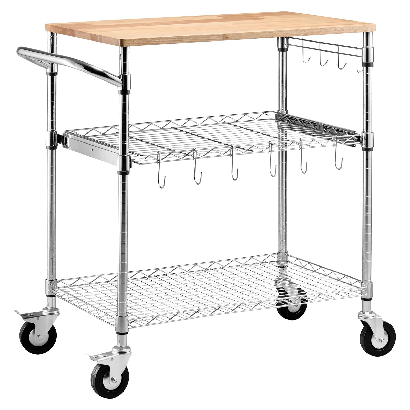 VEVOR Carrito de Cocina de 3 Niveles con Tapa de Madera, Estante de Almacenaje Ajustable, Carrito Auxiliar con Ruedas Giratorias y Asa, Carro de Servicio para Garaje, Lavadero, 76,2 x 45,7 x 91,4 cm
