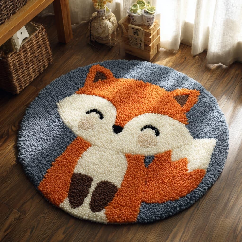 kitphoenix DIY Latch Hook Rug Kits Fox Easy for Beginners Round Carpet Crochet Yarn Craft Large Rug Hook and Latch Tapestry for Home Decor 50X50Cm