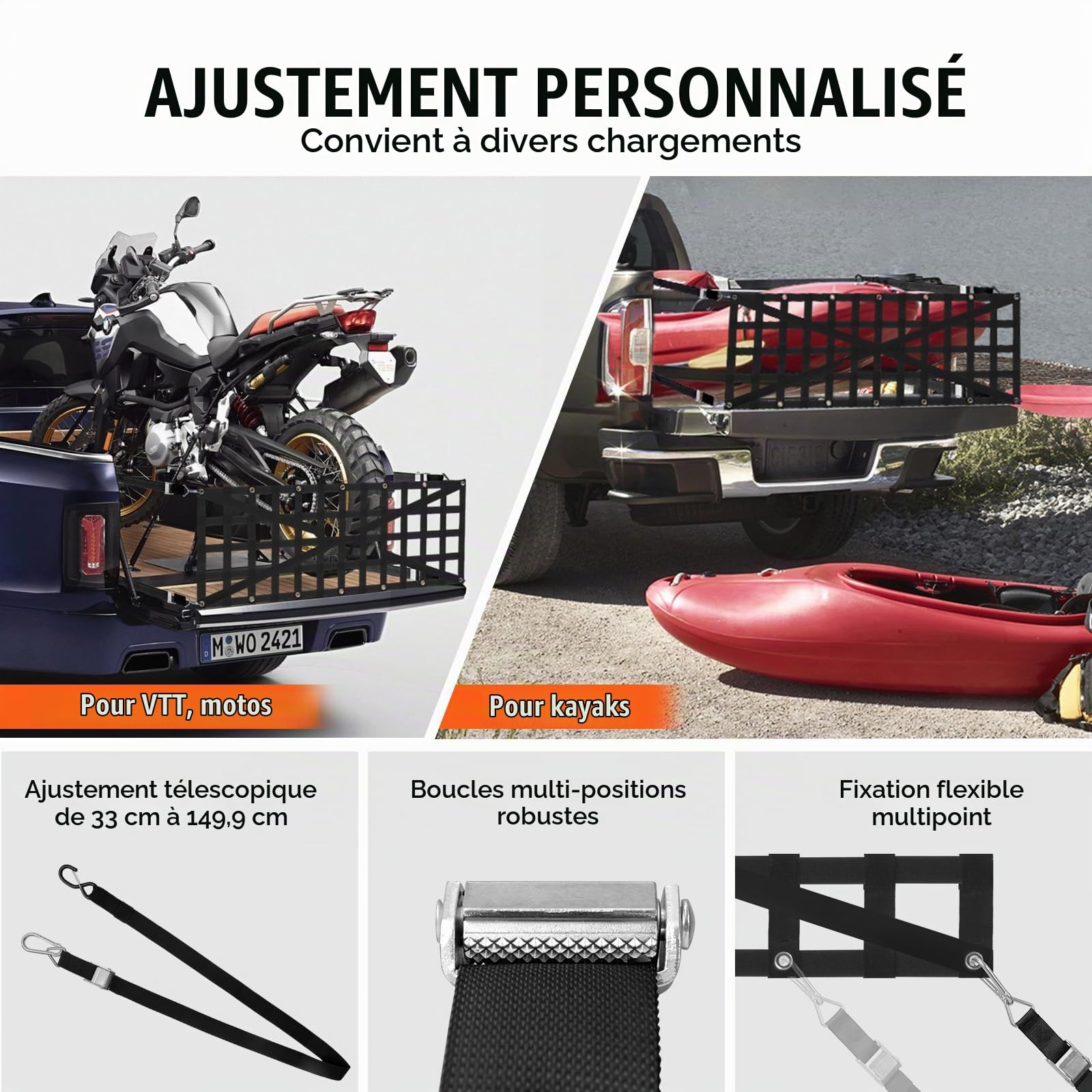 VEVOR Filet de hayon, 1370 x 470 mm, filet de chargement robuste pour camion, 4 sangles télescopiques réglables, conception renforcée en croix, extensible et durable, pour pick-up, remorque, Jeep, SUV