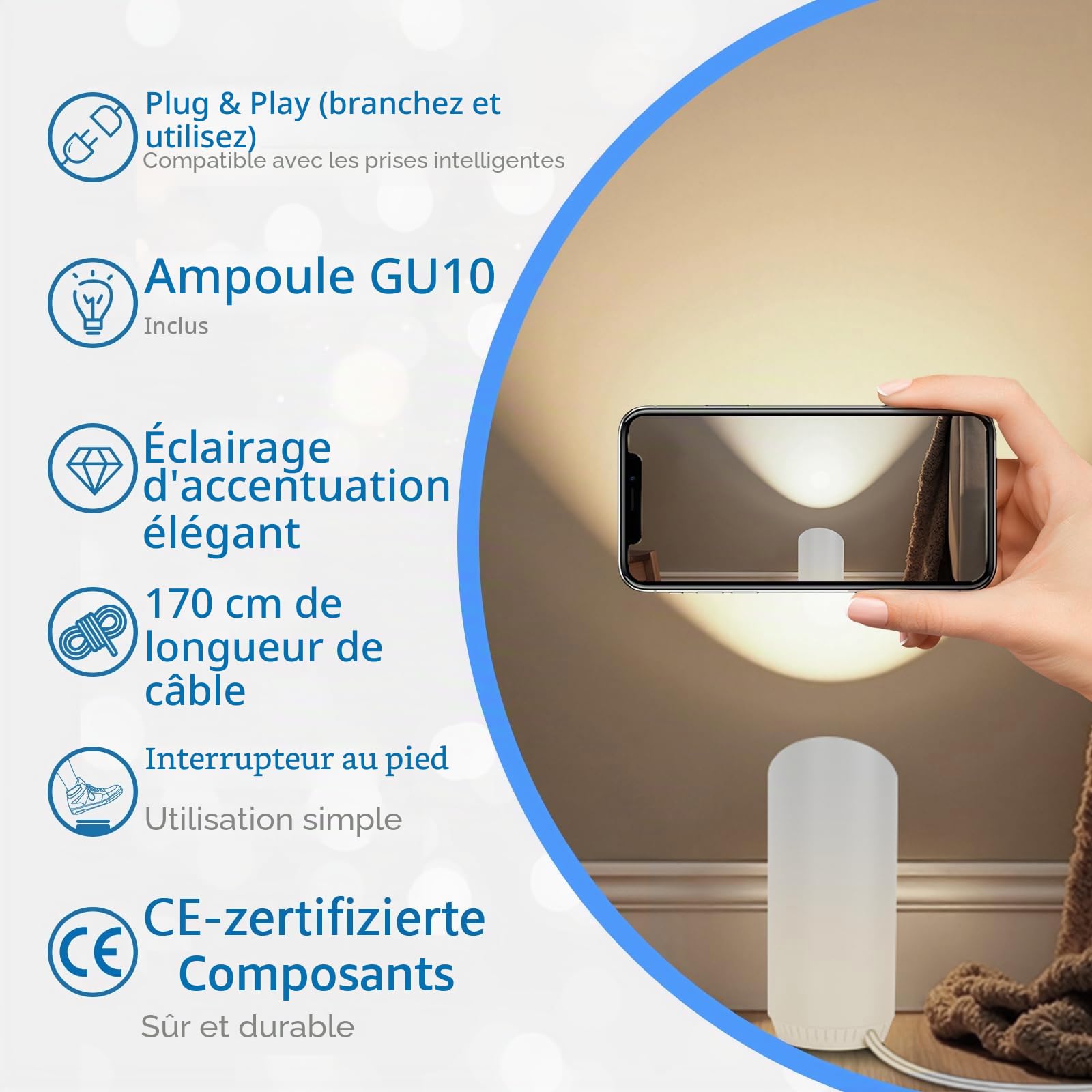 LED Sol Spot – 6W Lampe de Sol pour Intérieur, Noir, 3000K Blanc Chaud, Avec Ampoule GU10 LED 500LM, Spot avec Interrupteur Pied (Blanc, 1 paquet)