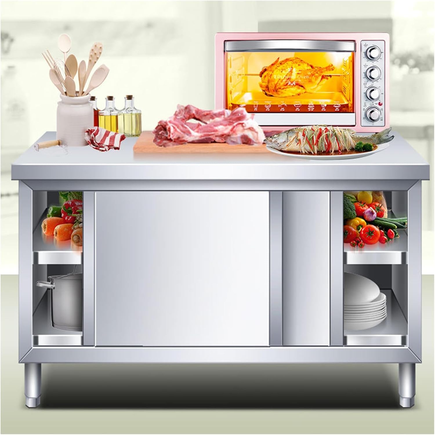 3-Tier Stainless Steel Table with 2 Sliding Doors 2-Tier Sectional Storage Stainless Table Thickened Countertop and Dividers