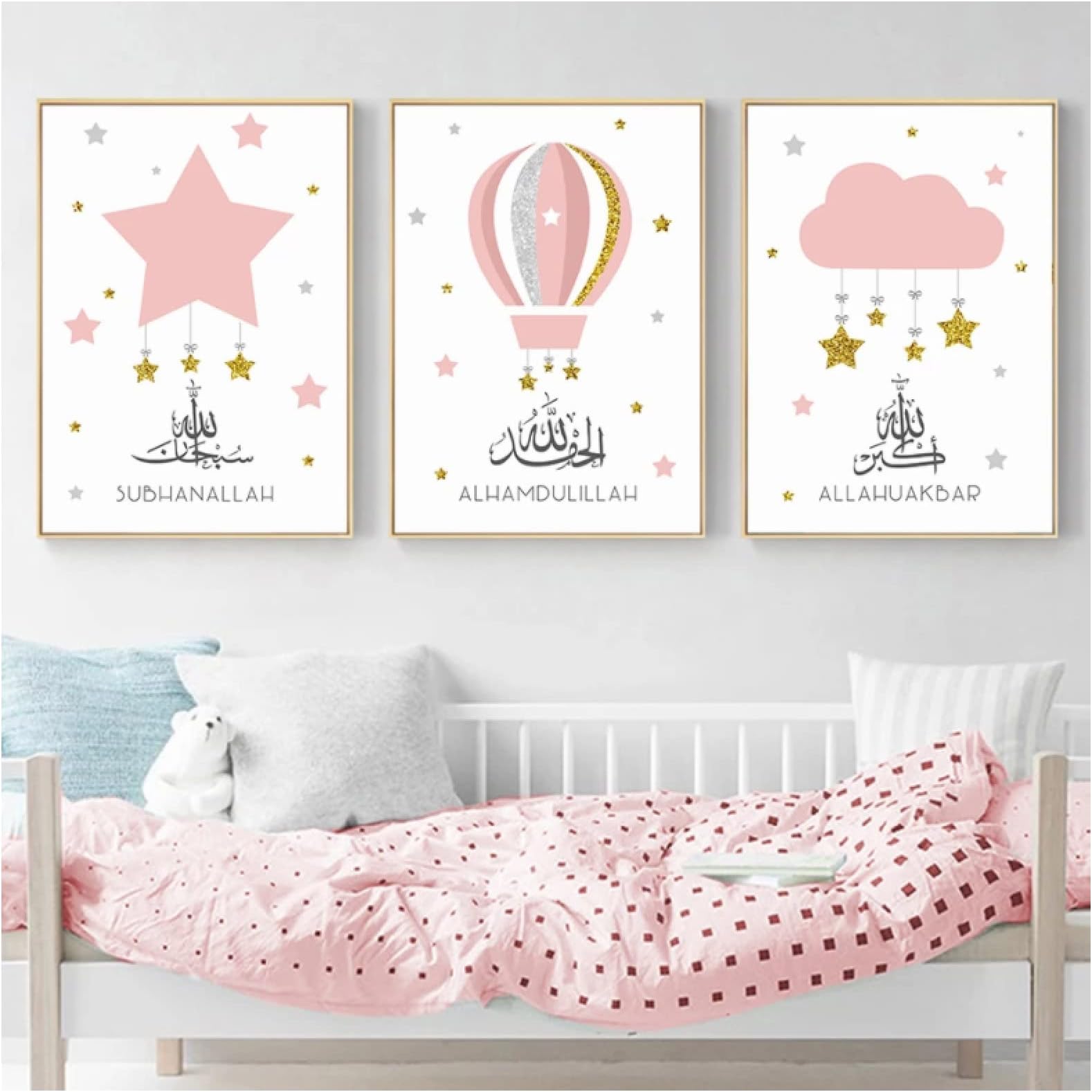 BPA Hxjlmac Islamic Blue Gold Stars Hot Air Balloon Children Poster Nursery Canvas Painting Wall Art Print Picture For Kids Room Home Decor/40X60Cmx3Pcs/No Frame