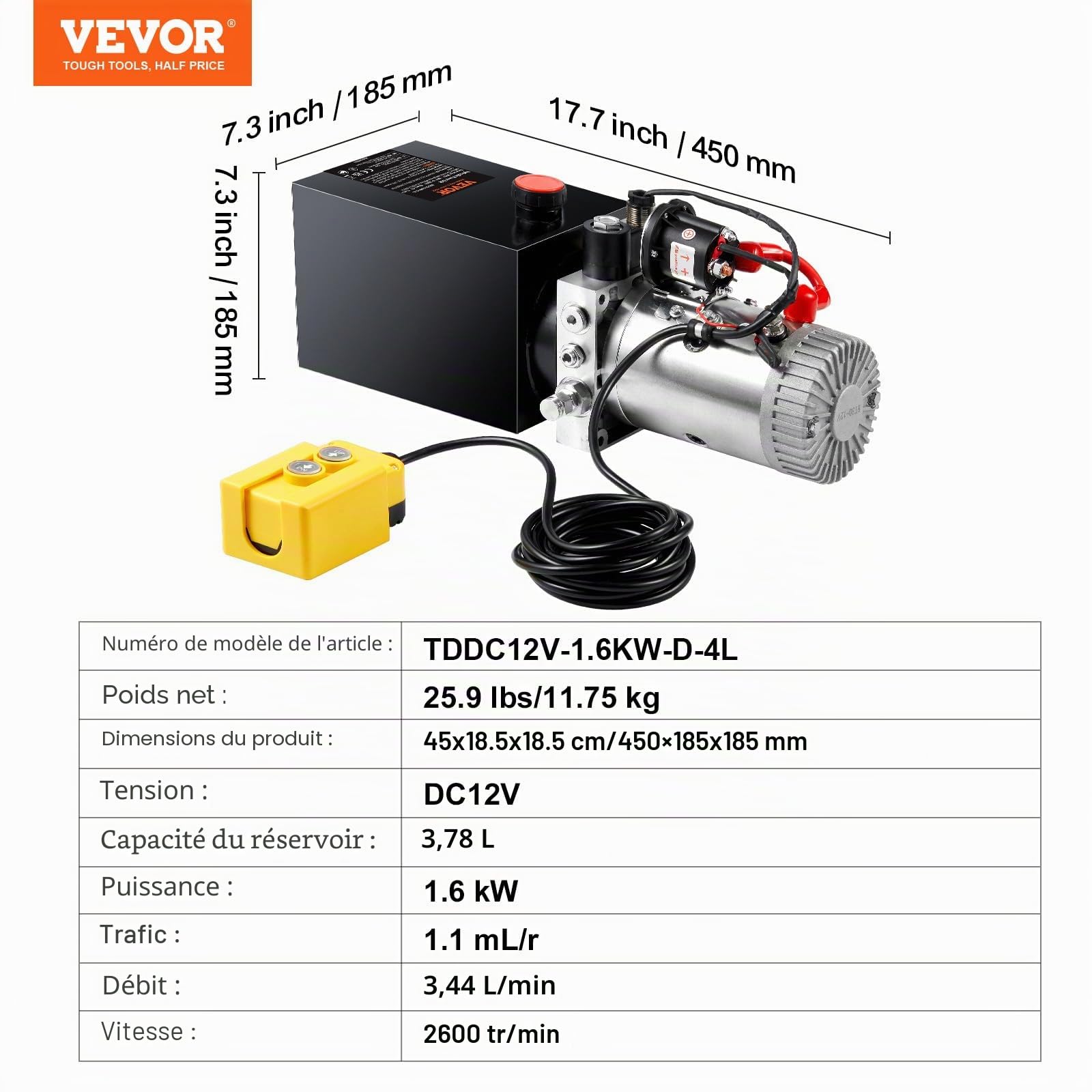 VEVOR Pompe Hydraulique DC 12 V 4 L Groupe Hydraulique Simple Effet Débit d'Huile 3,44 L/min Max. Pression de Décharge 22 MPa pour Camion à Benne Basculante Nacelle Élévatrice Remorque Levage Bennage