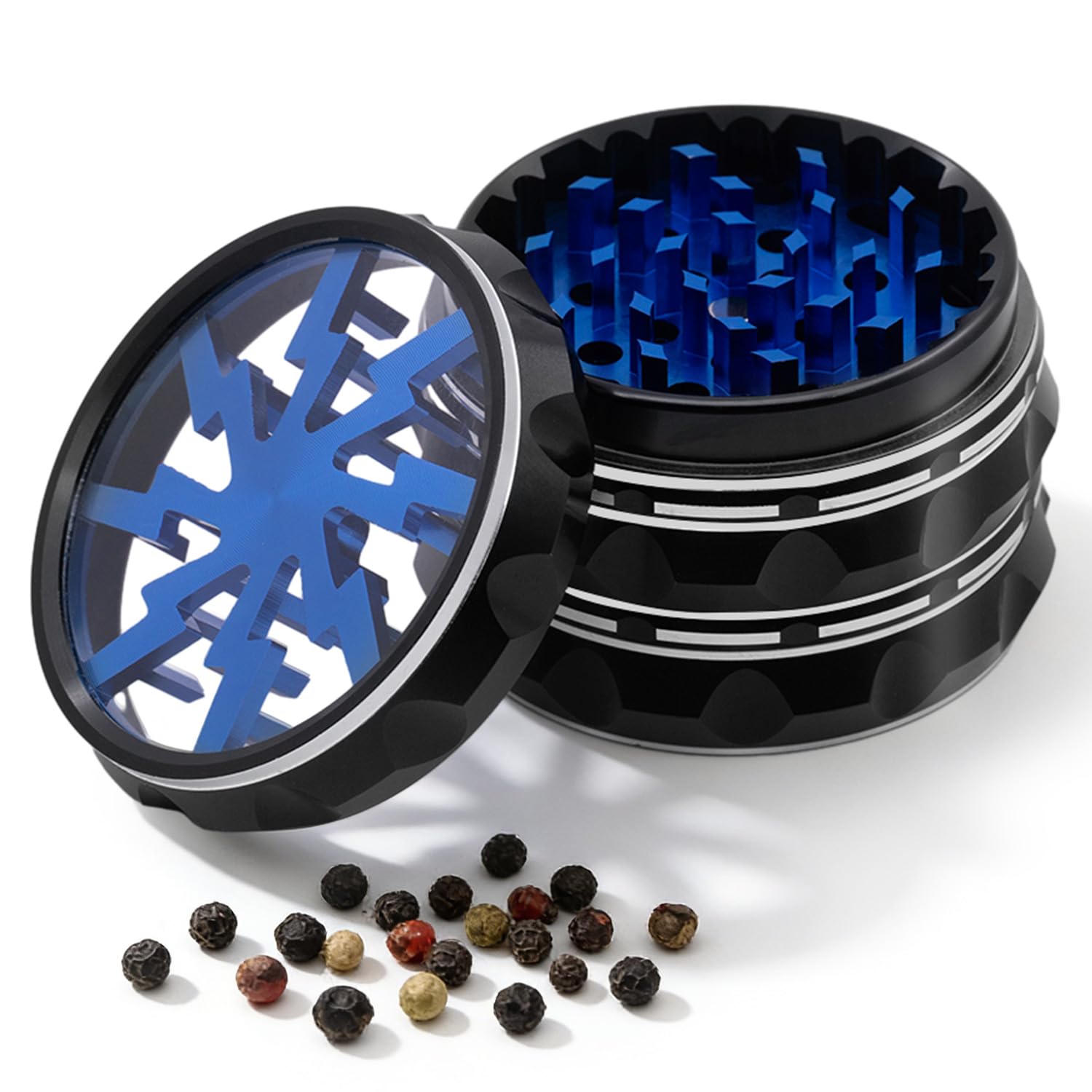 Mcbazel Herb Grinder, 2.5 Inches 4 Pieces Aluminium Spice Grinder with Cleaning Sweep/Pollen Scraper for Kitchen, Portable Herb Mill Grinder for Spice - Black/Blue