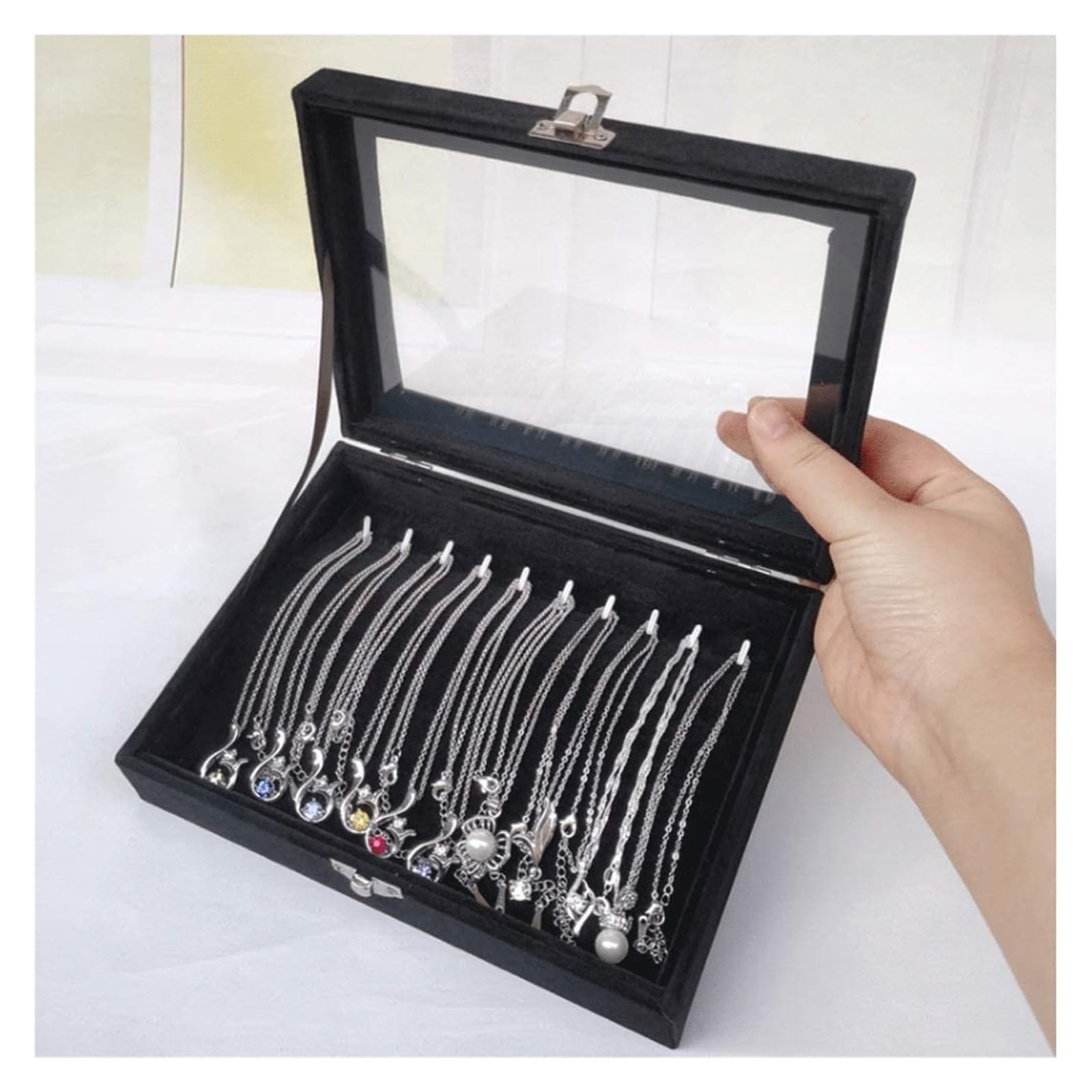 Scatole Per Gioielli Scatola portaoggetti for collane con 10 ganci, con coperchio trasparente, piccolo vassoio for gioielli for oggetti da collezione impilabile Cofanetti E Scatole
